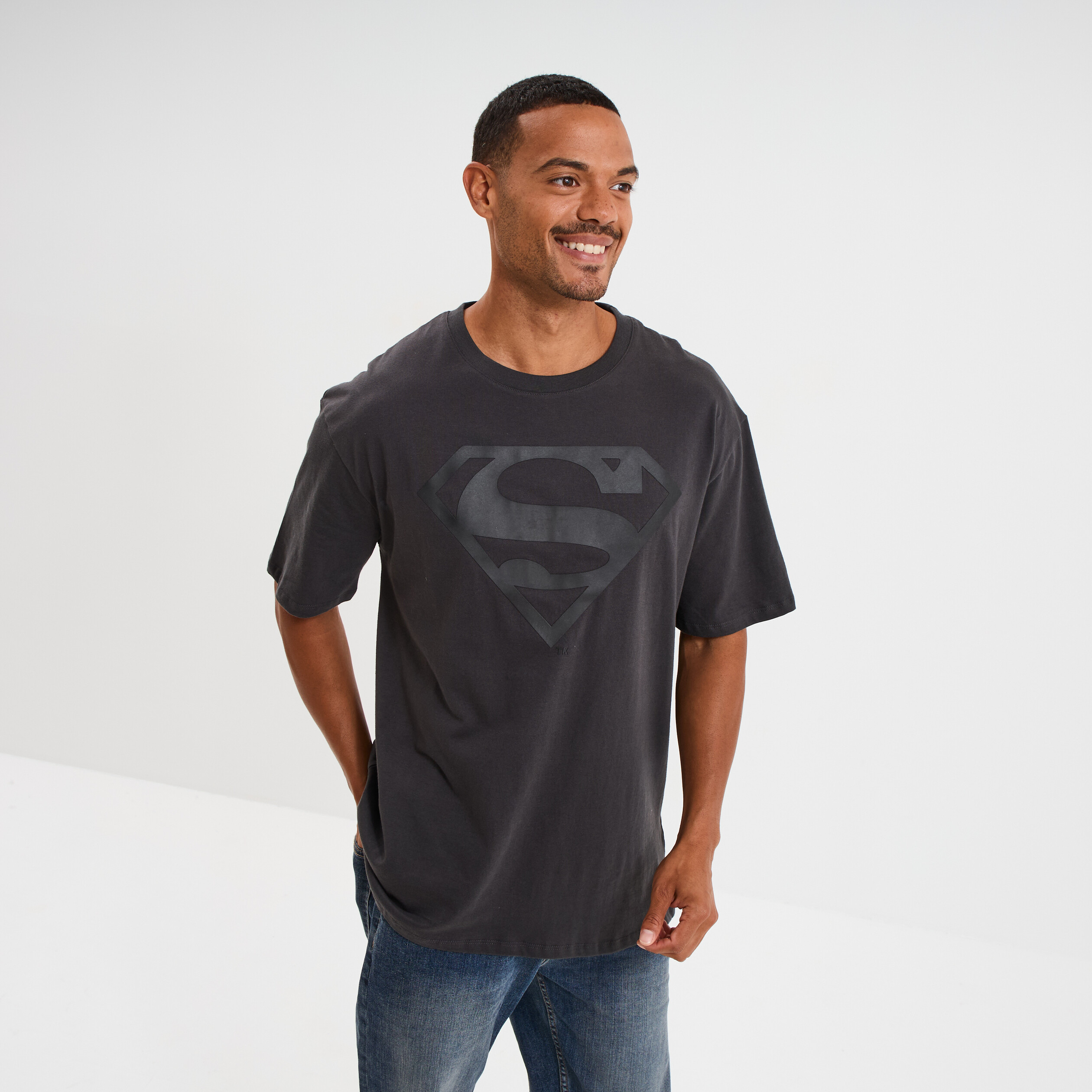 T-shirt manches courtes coton Superman gris fonc&eacute; homme