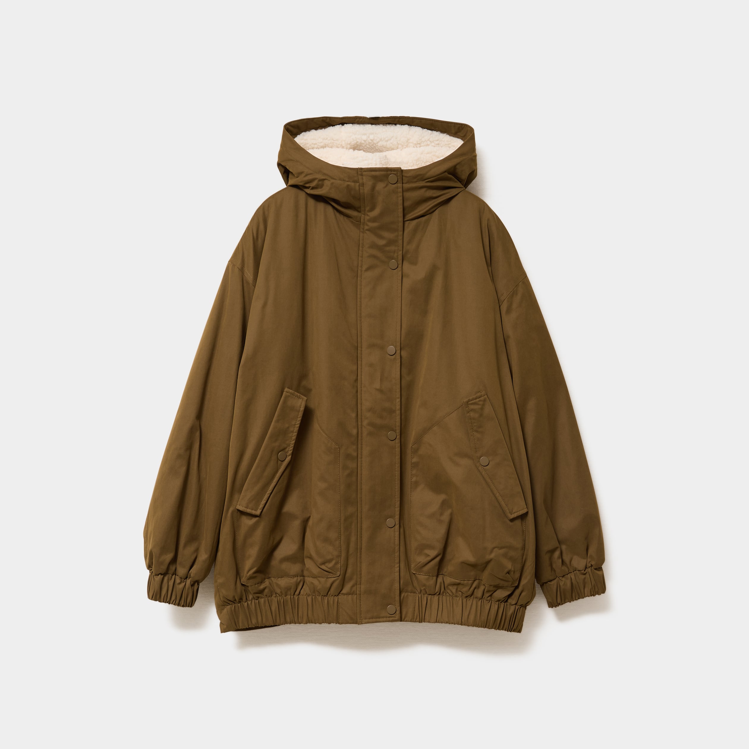 Parka oversize capuche doubl&eacute;e sherpa vert olive femme