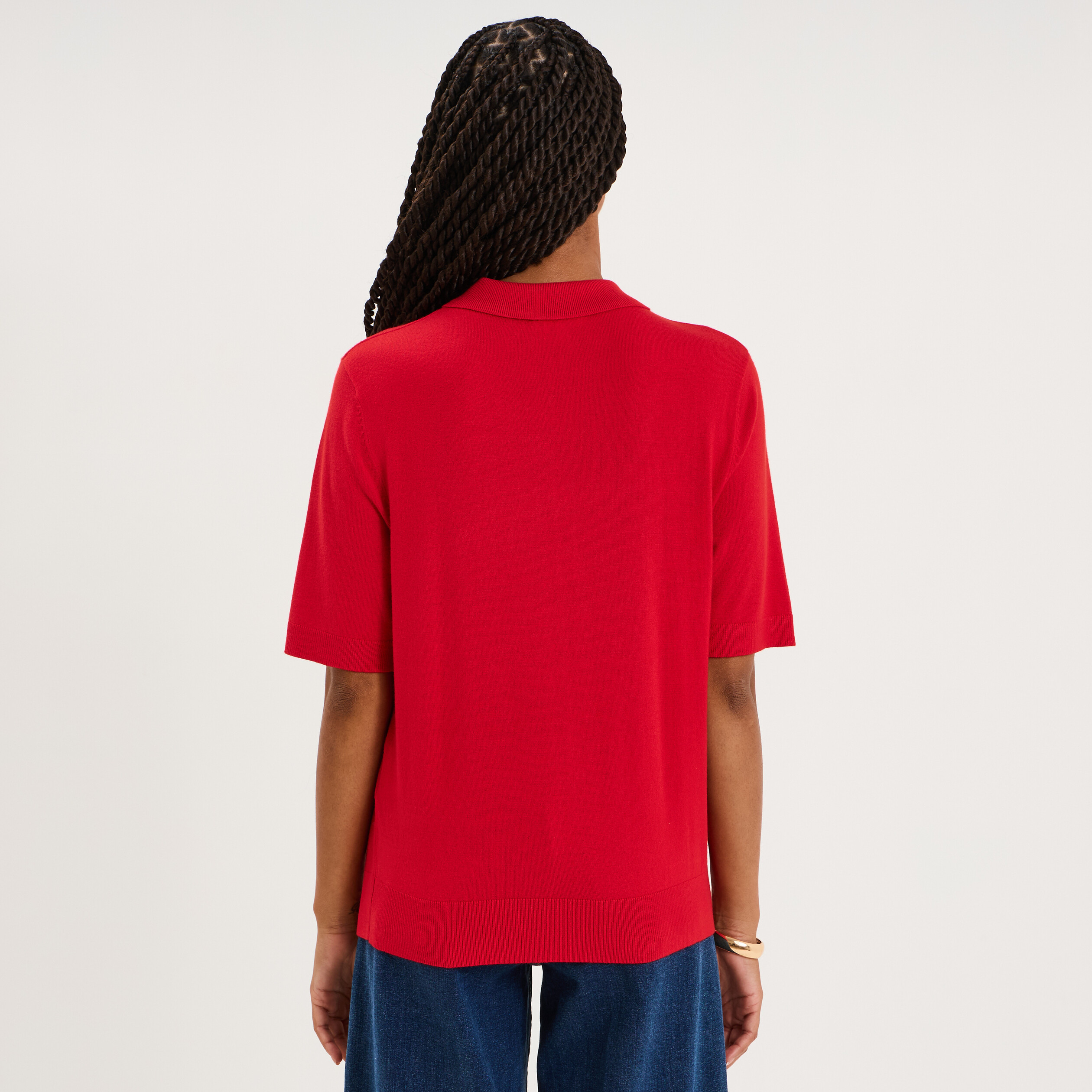 Pull col polo manches courtes rouge femme