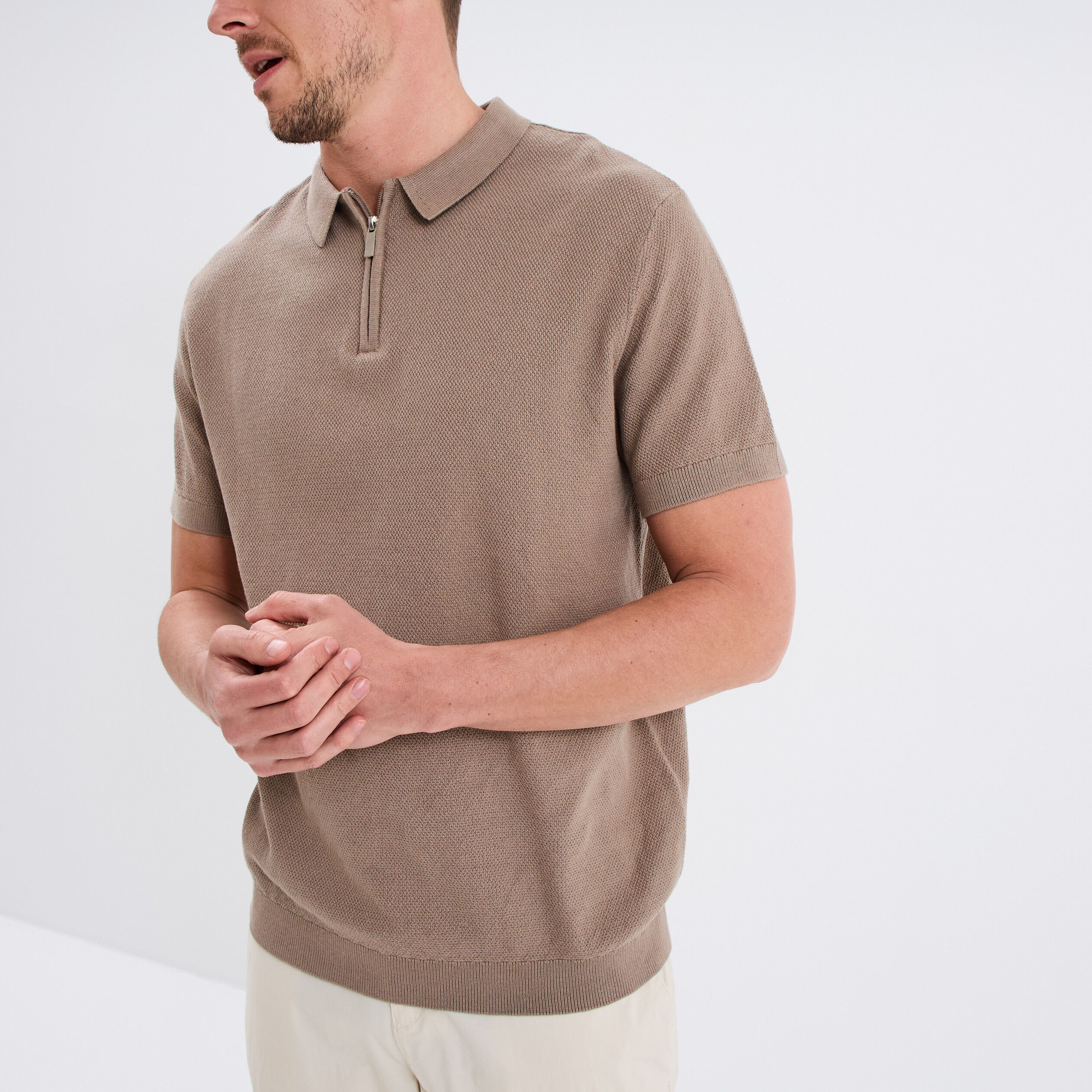 polo col zippe manches courtes coton taupe homme Polo col zippé manches courtes coton taupe homme