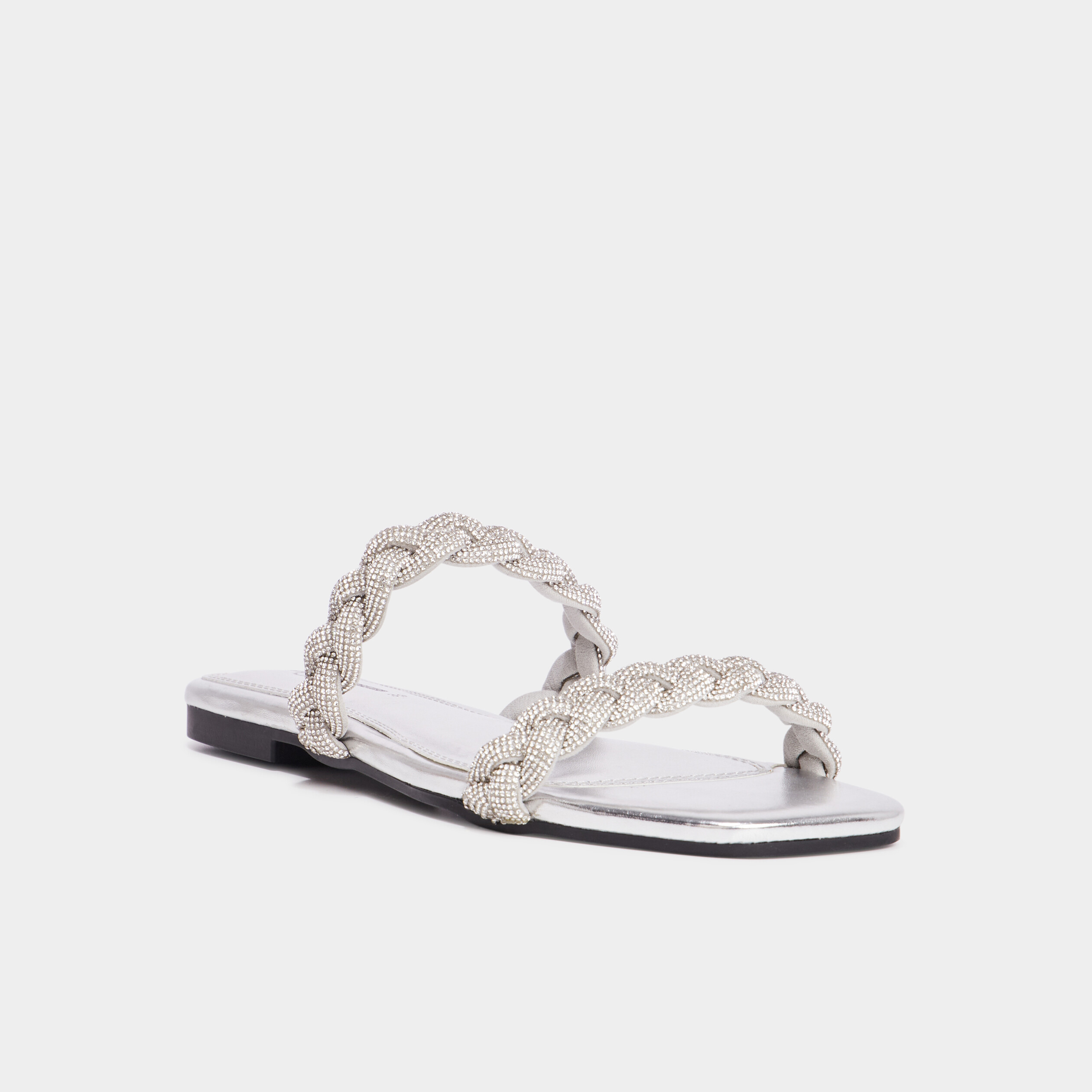 Mules brides tress&eacute;es strass Mosquitos gris argent femme