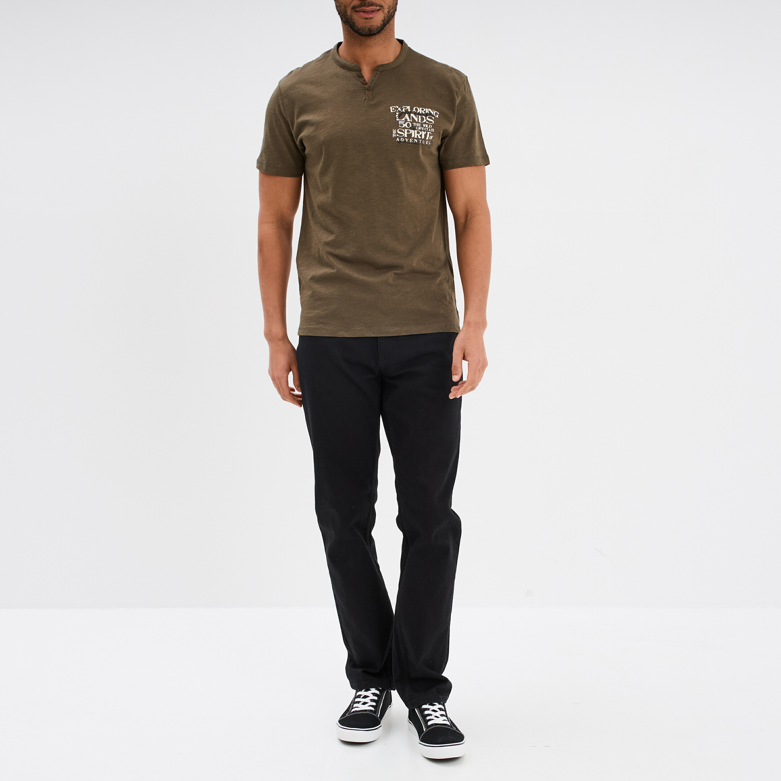 t shirt col tunisien manches courtes vert kaki homme T-shirt col tunisien manches courtes vert kaki homme