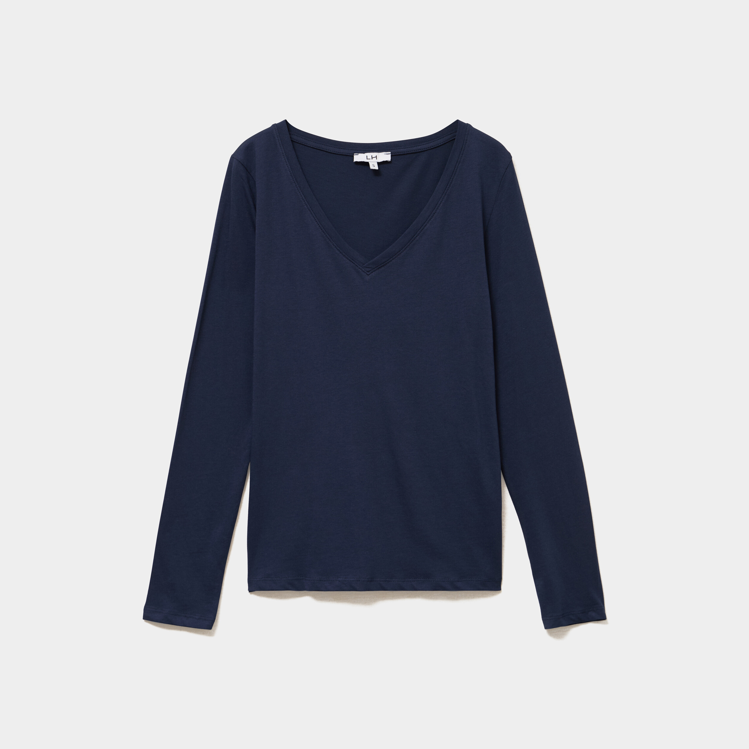 T-shirt col en V manches longues coton bleu marine femme
