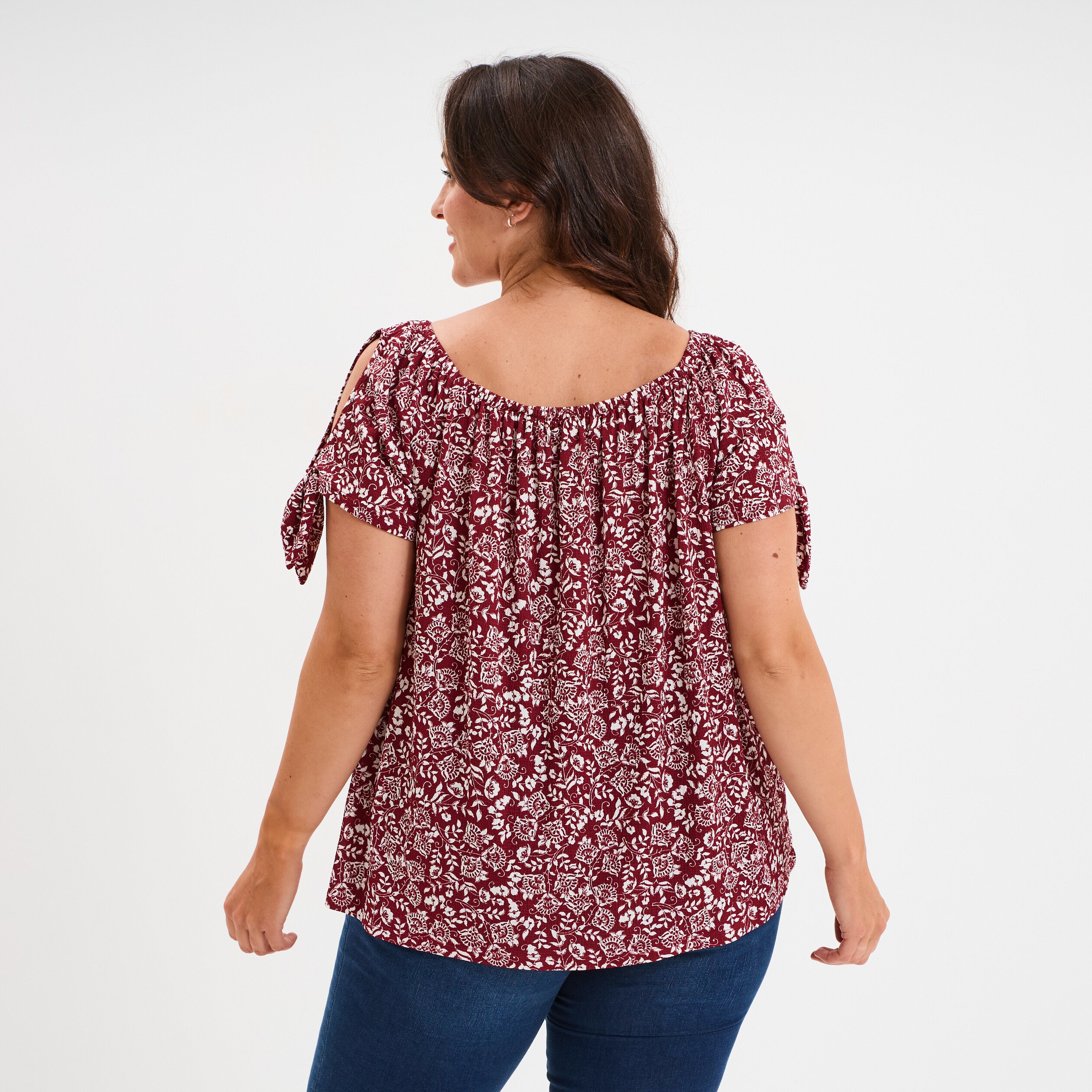 t shirt col bardot manches noeuds bordeaux femmegt T-shirt col bardot manches noeuds bordeaux femme grande taille