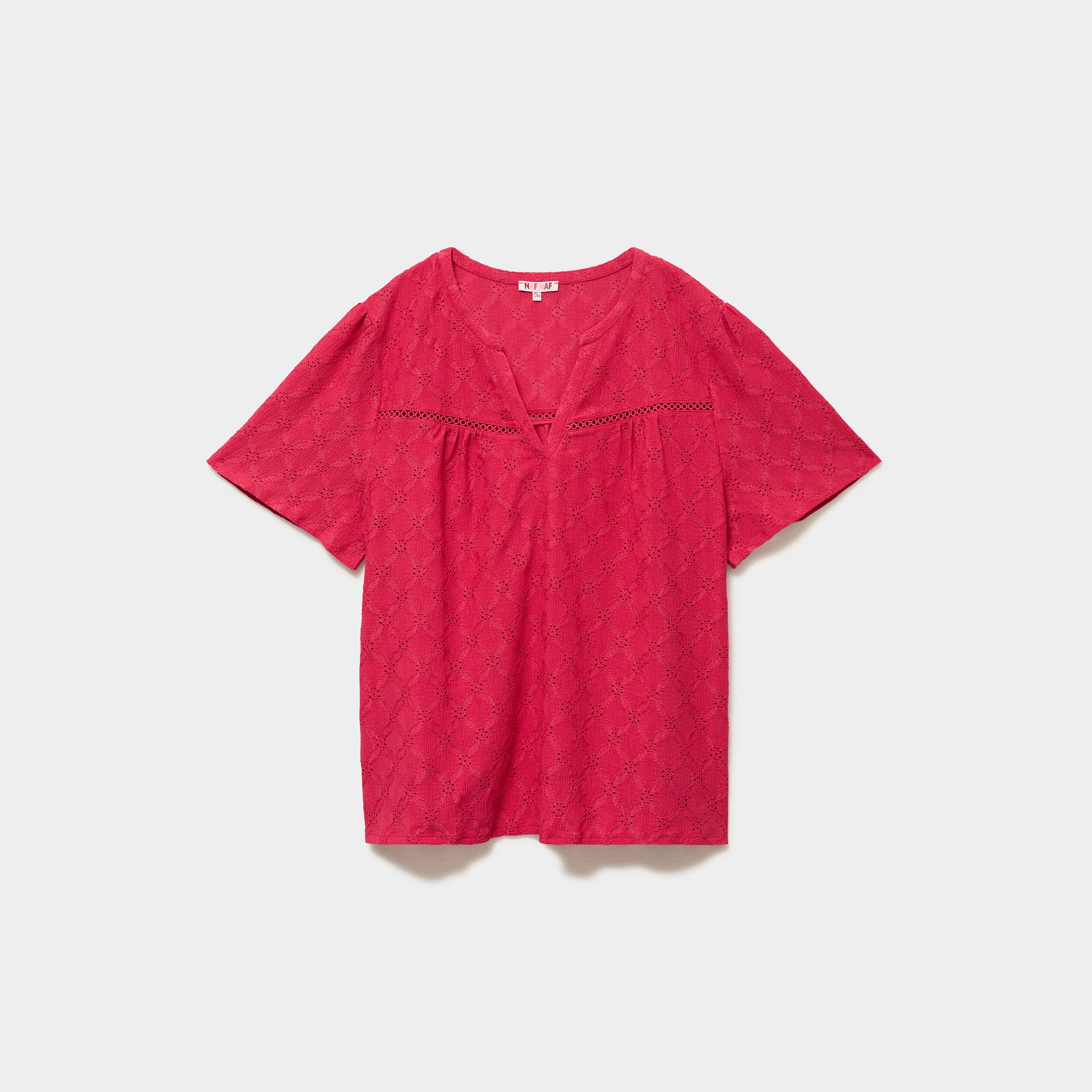 T-shirt broderie anglaise col tunisien rose cerise femme grande taille