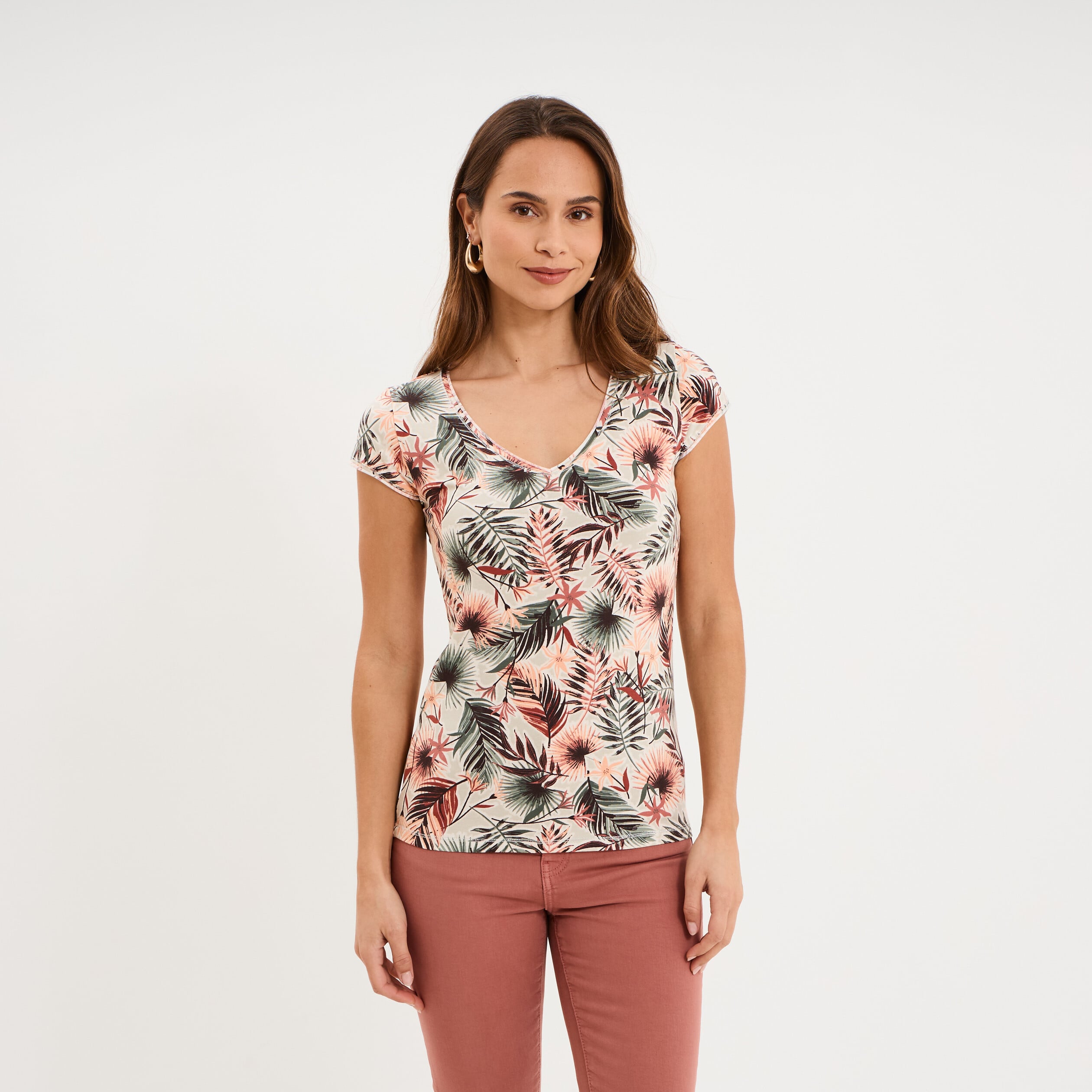T-shirt col V droit manches courtes vert kaki femme