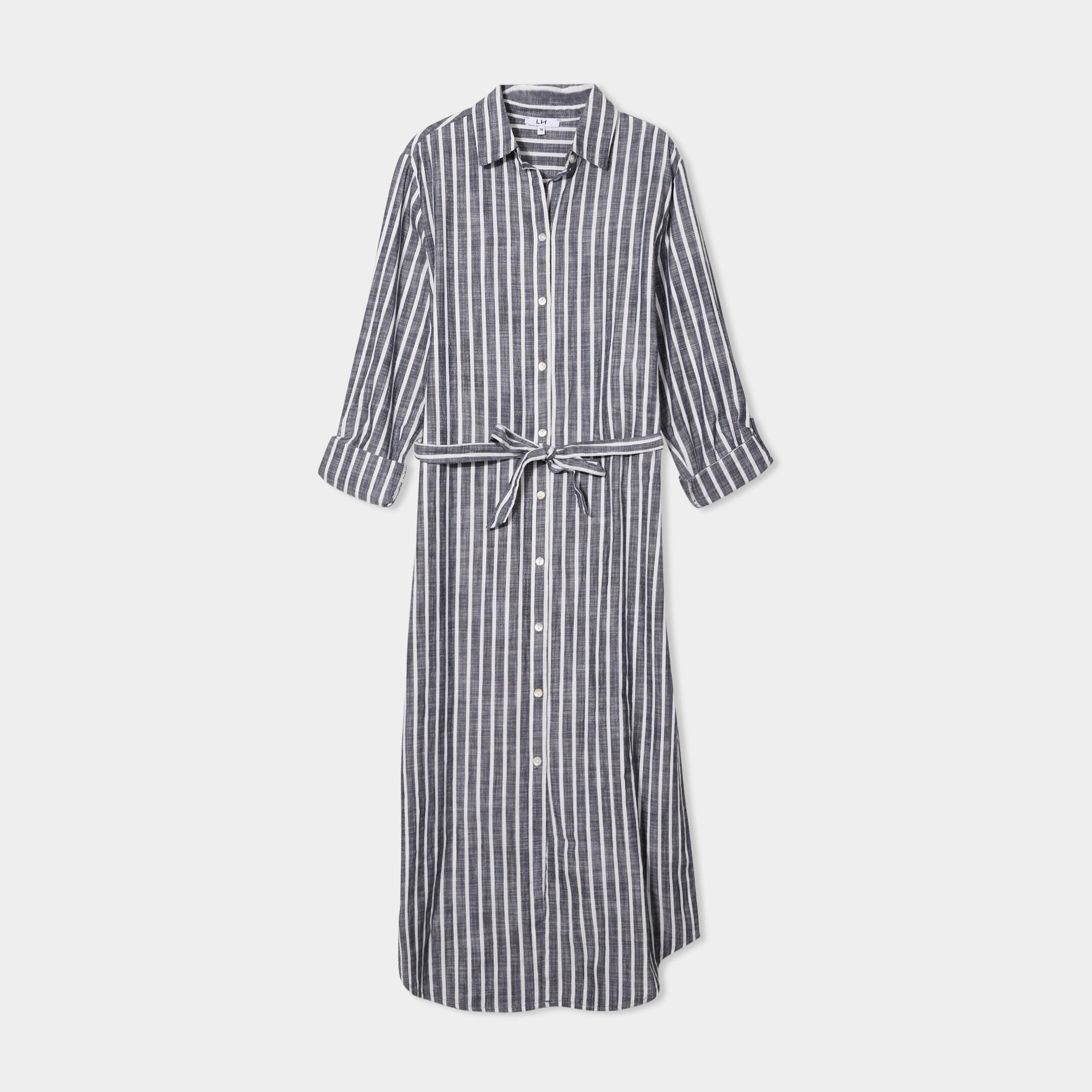 Robe chemise longue ceintur&eacute;e coton bleu marine femme