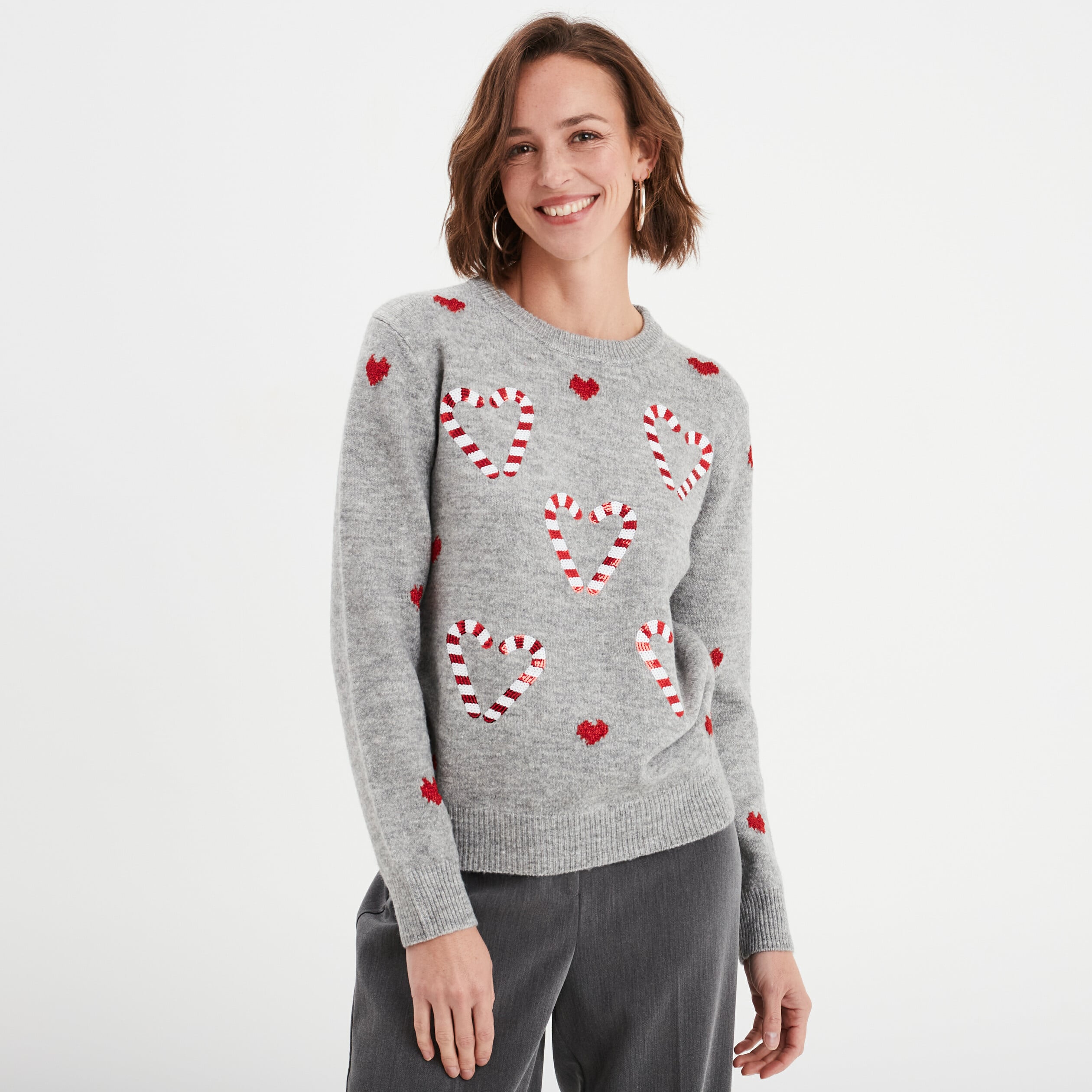 Pull No&euml;l avec sequins et col rond gris clair femme