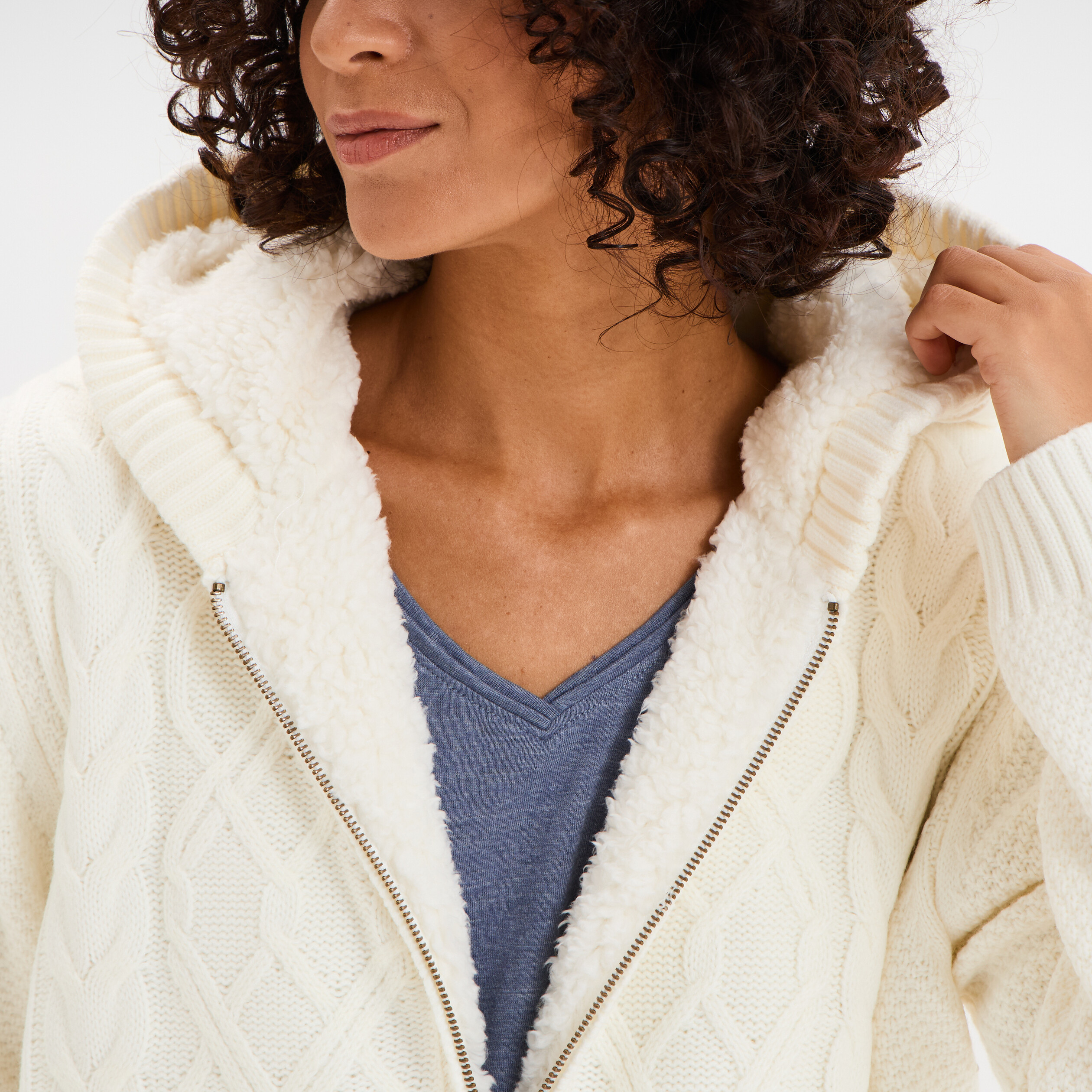 Sweat zipp&eacute; doublure effet sherpa ecru femme