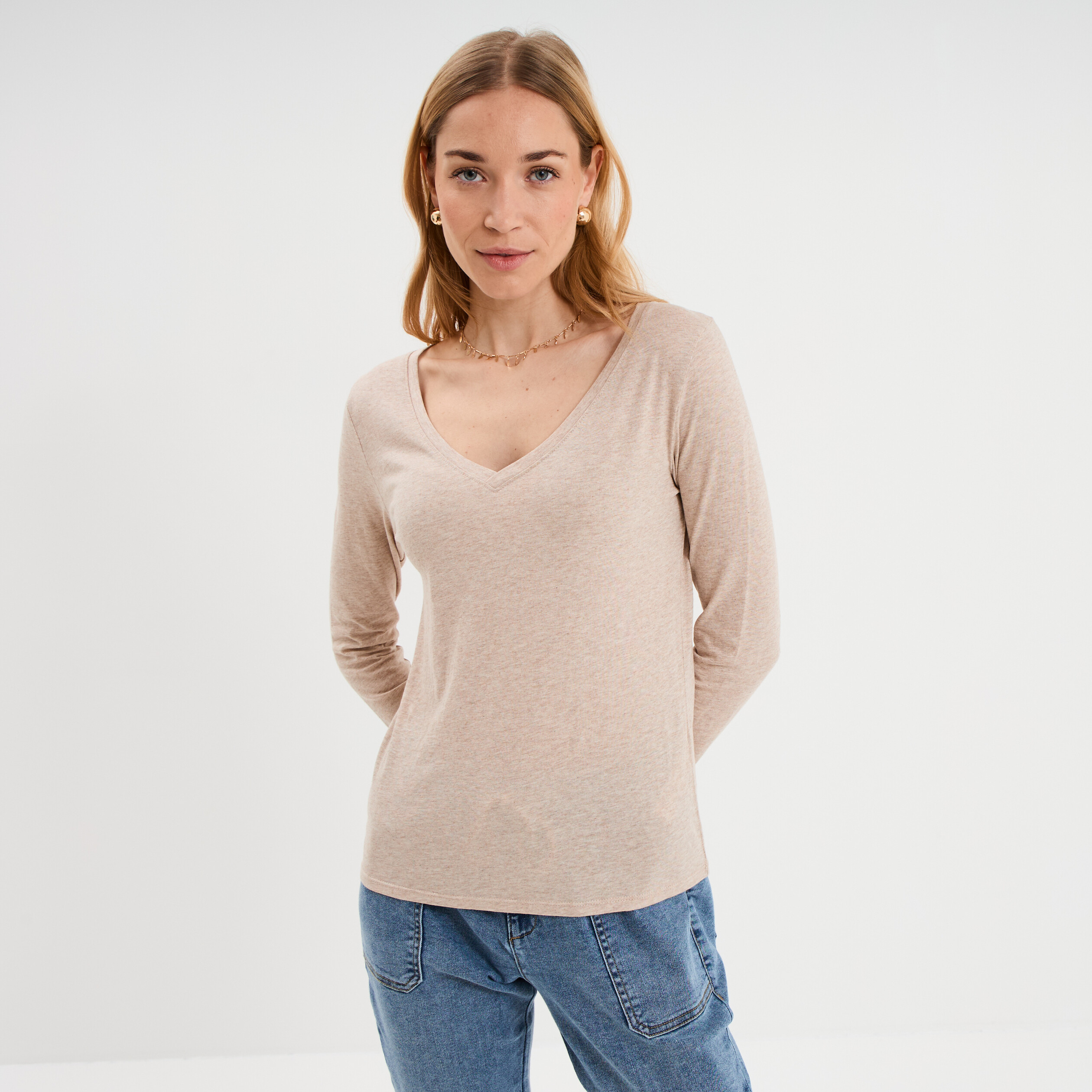 T-shirt col en V manches longues coton beige femme