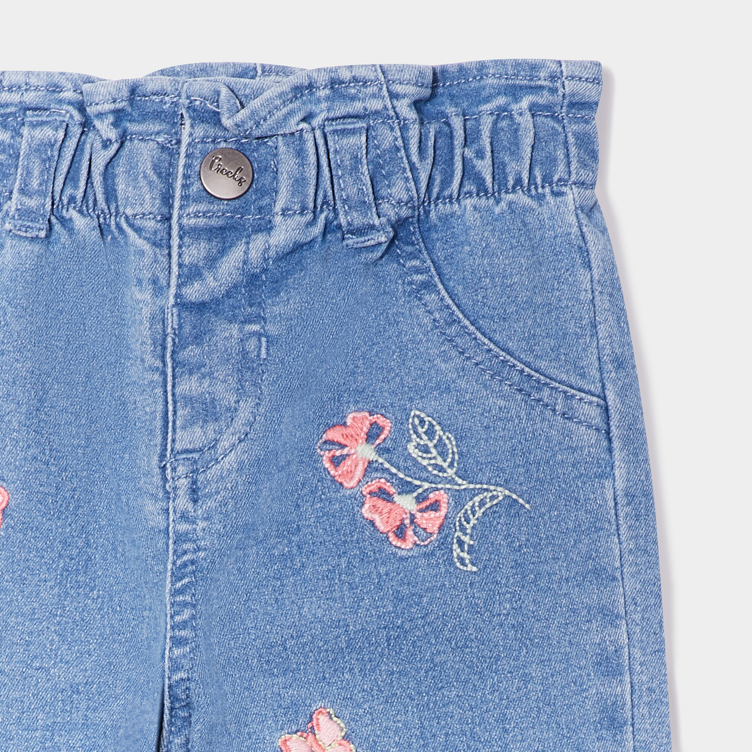 jeans paperbag brode taille elastiquee denim double stone bebef Jeans paperbag brodé taille élastiquée denim double stone bébé fille