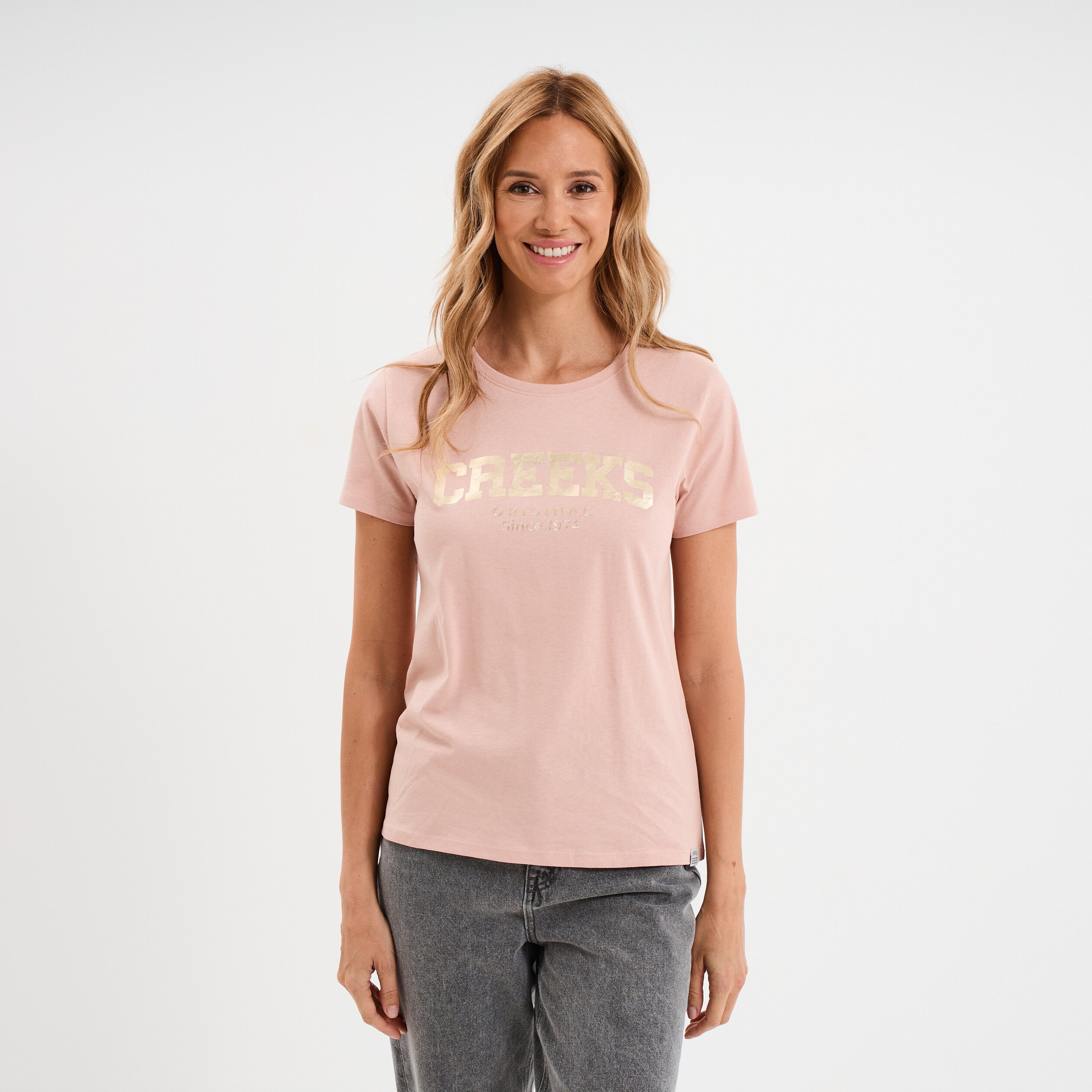 t shirt col rond manches courtes creeks rose poudree femme T-shirt col rond manches courtes Creeks rose poudrée femme