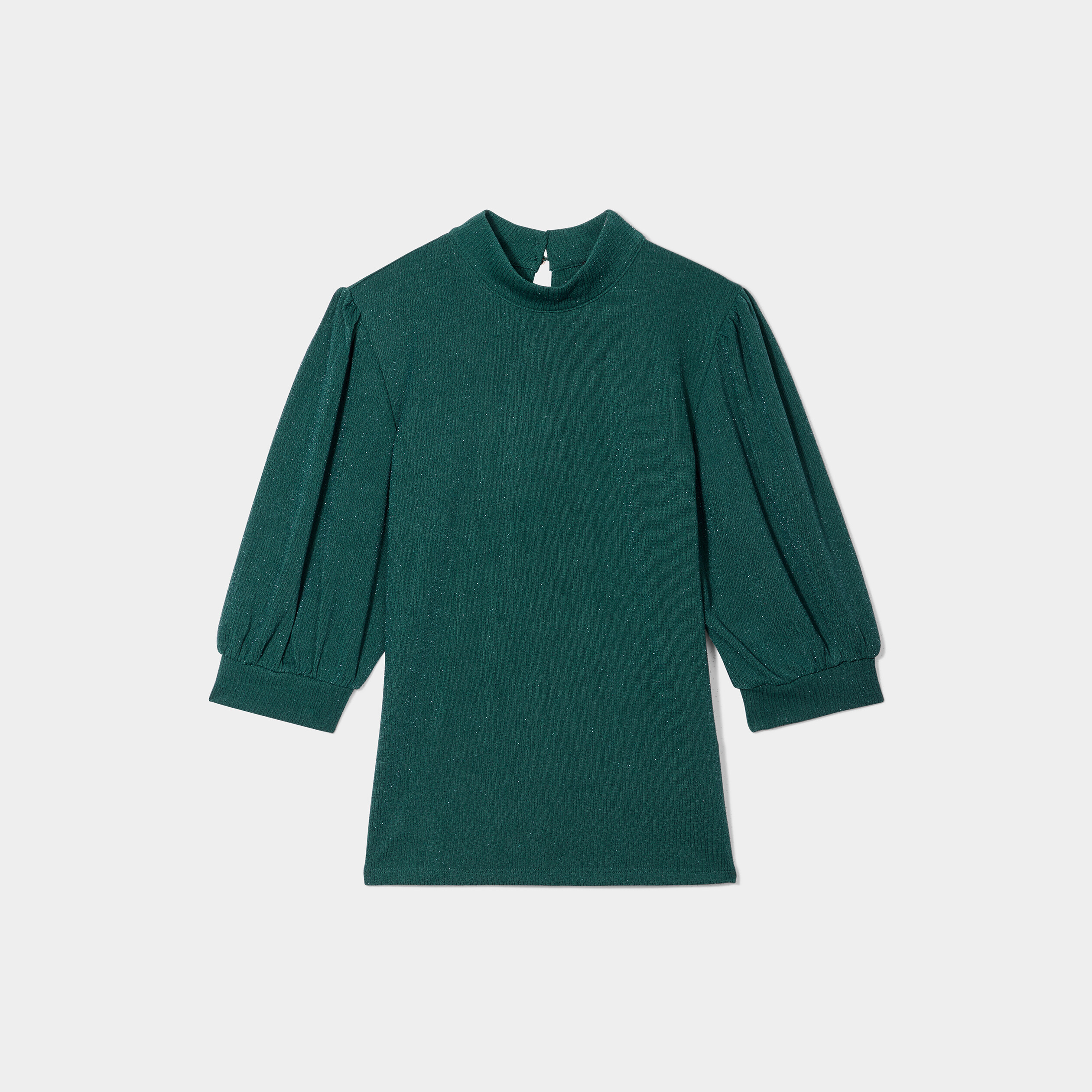 T-shirt col montant manches ballons vert foncé femme