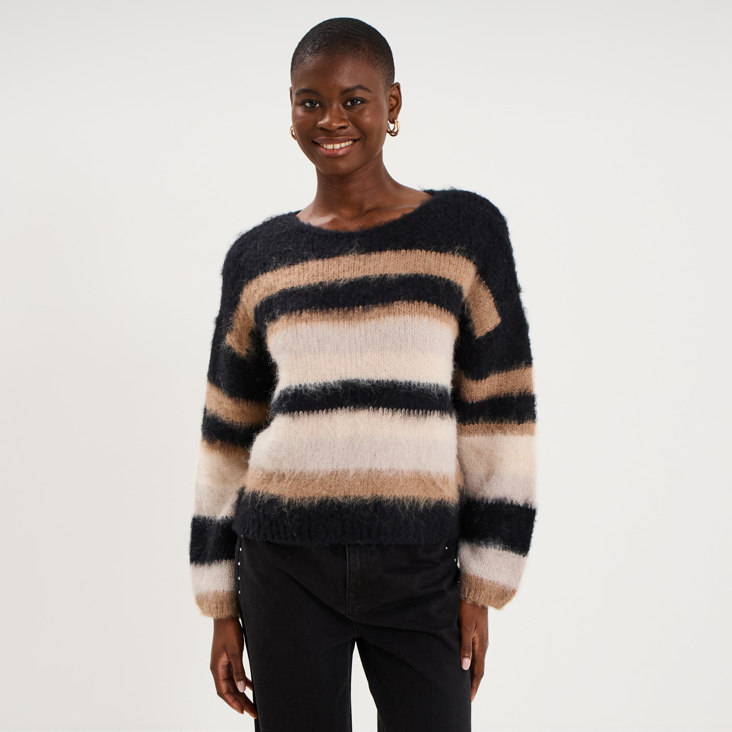 Pull col rond manches longues beige femme