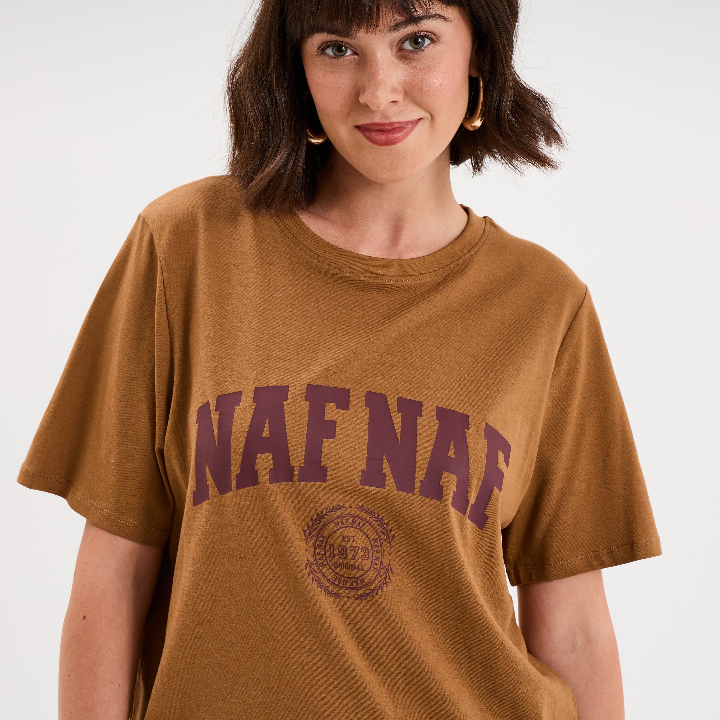 T-shirt col rond manches courtes print marron clair femme