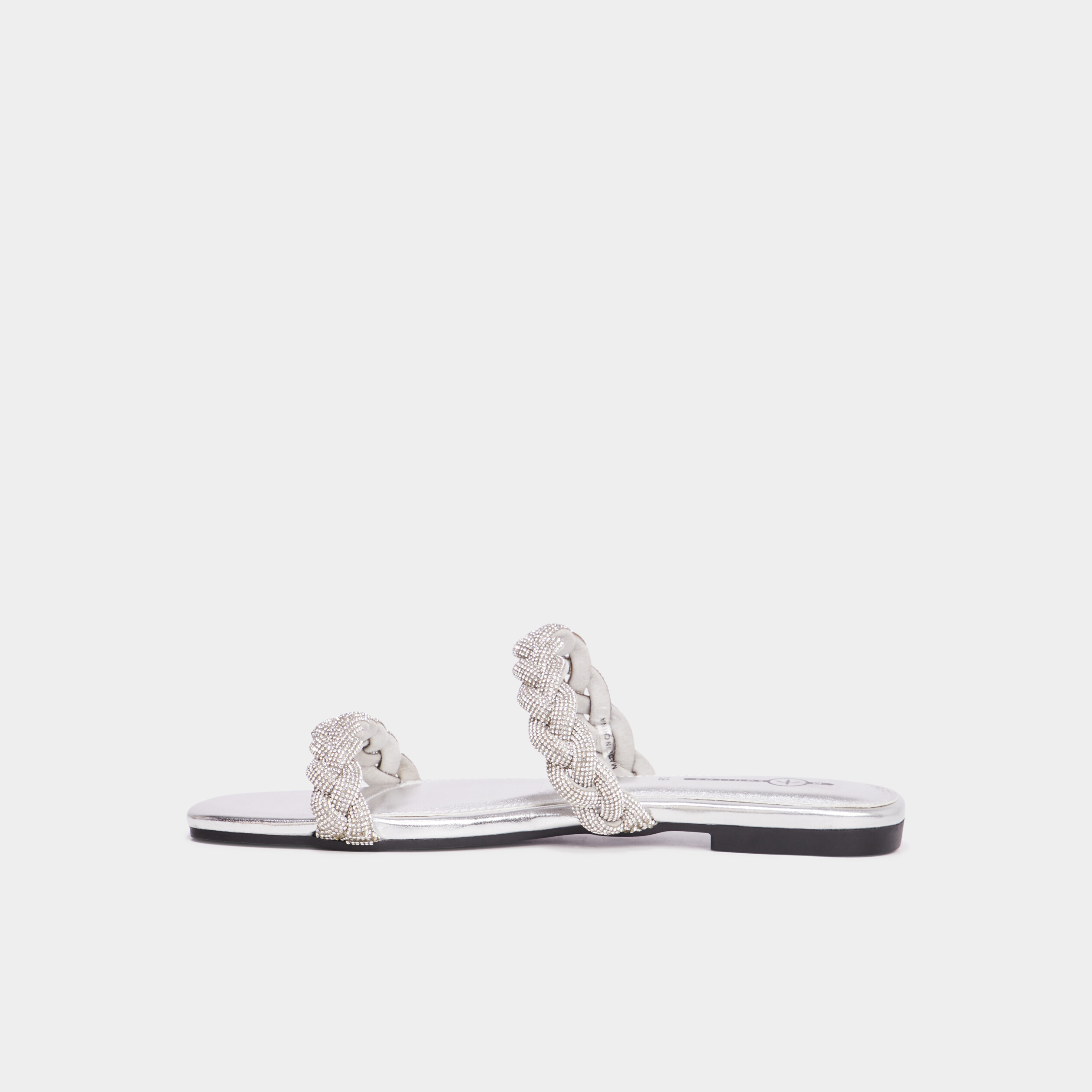 Mules brides tress&eacute;es strass Mosquitos gris argent femme