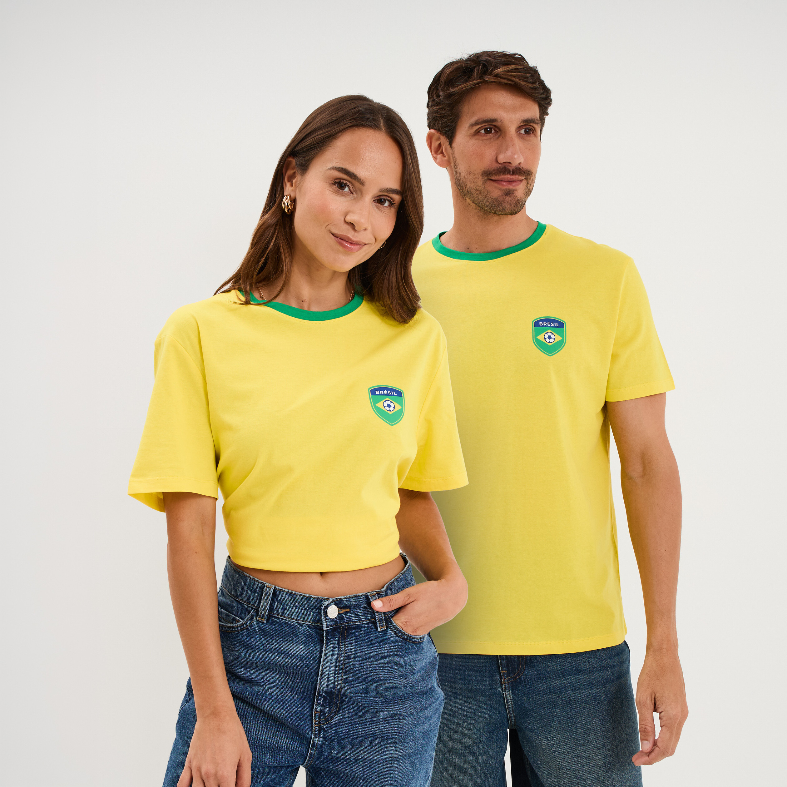 T-shirt maillot de football Br&eacute;sil coton jaune mixte