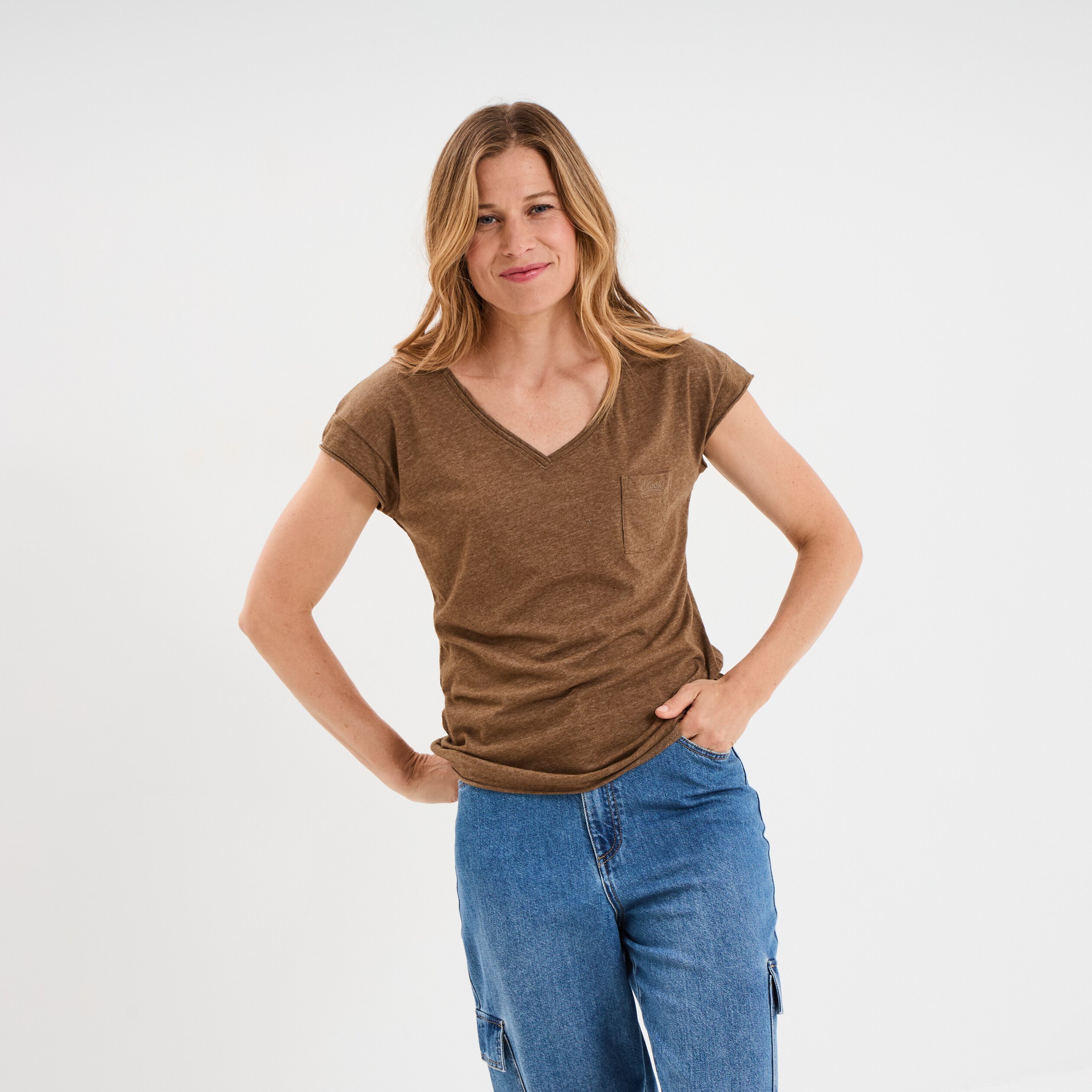 t shirt col v poche poitrine creeks taupe femme T-shirt col v poche poitrine Creeks taupe femme
