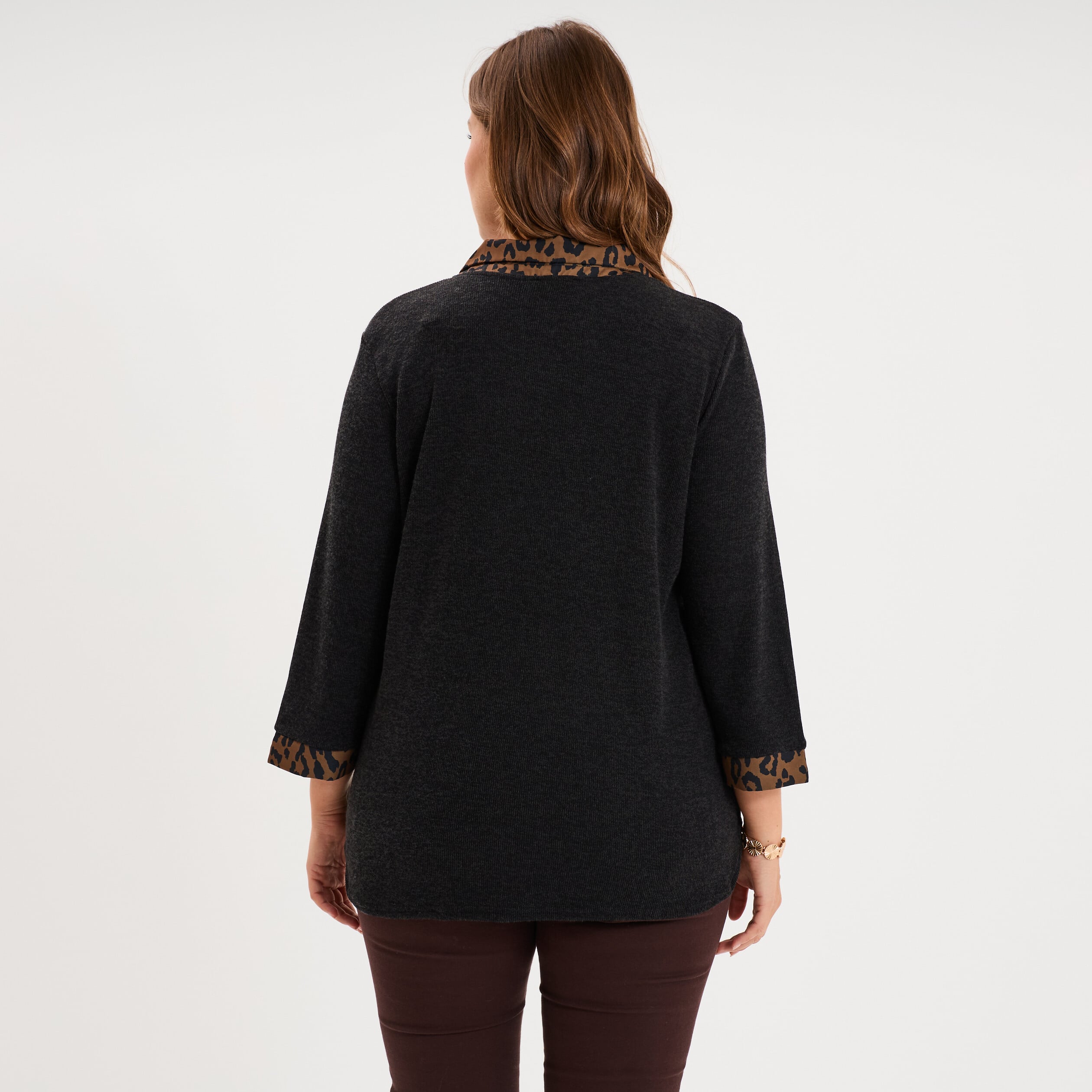 Pull effet 2-en-1 avec manches 3/4 vert kaki femme grande taille