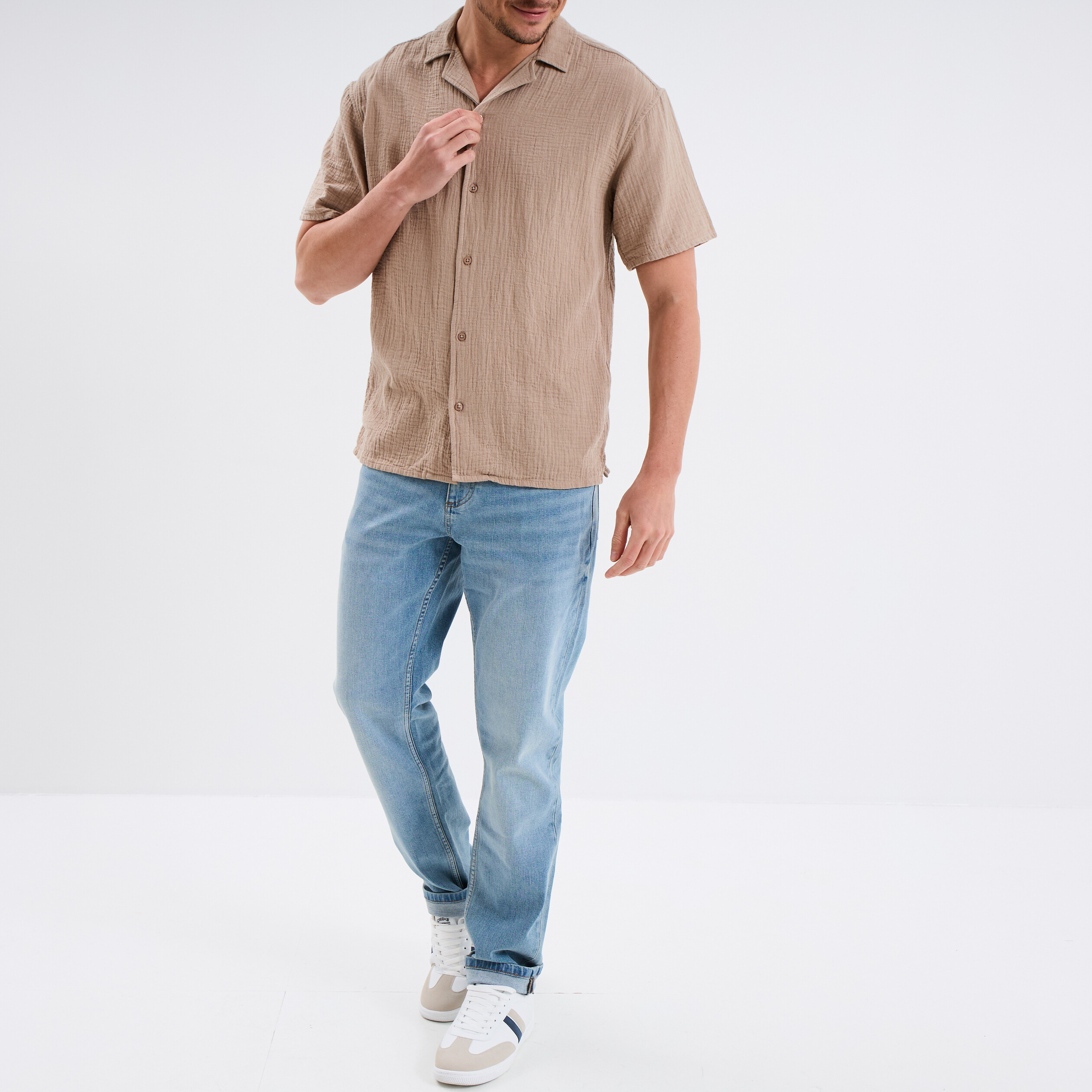 Chemise gaze de coton manches courtes taupe homme