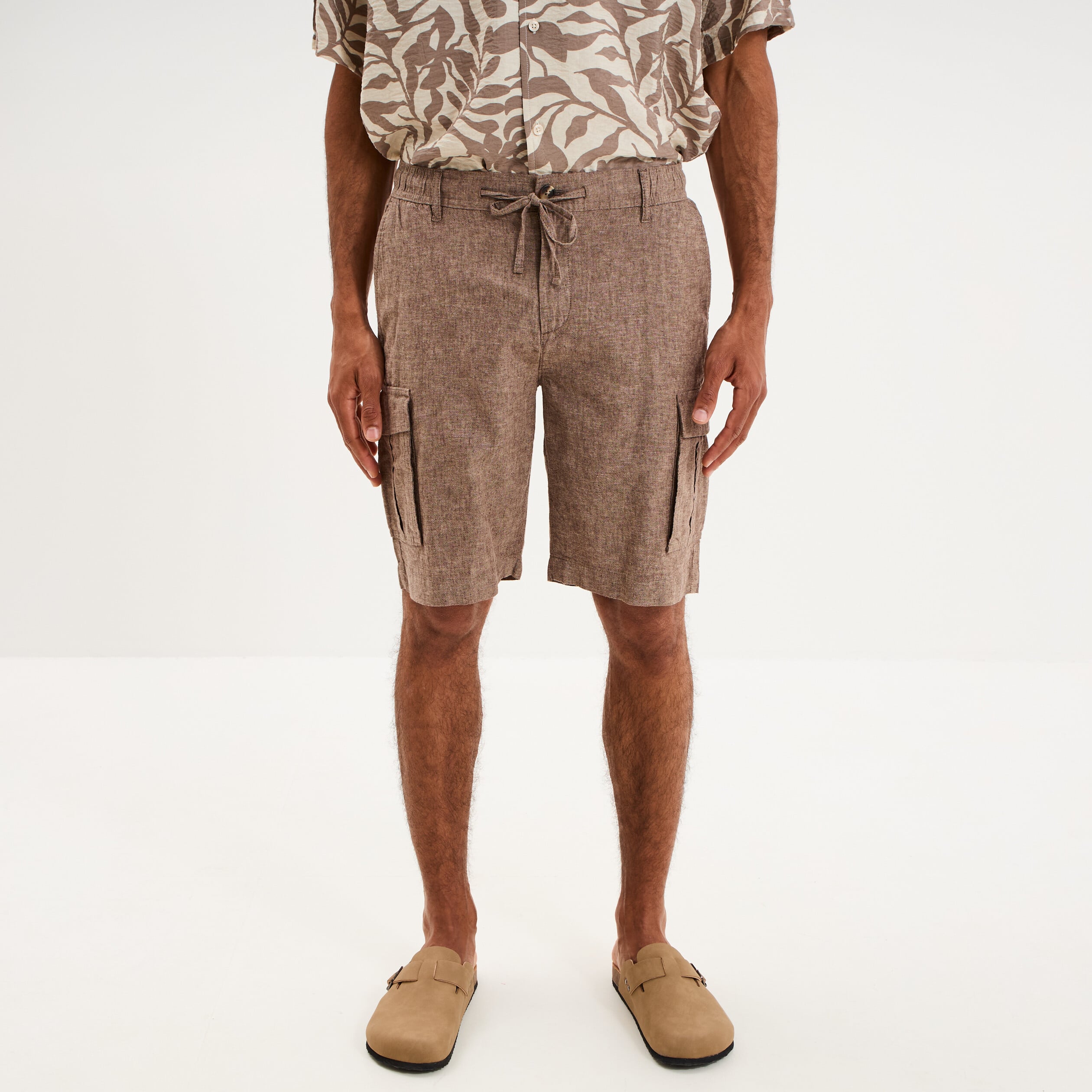 Bermuda cargo en lin m&eacute;lang&eacute; marron homme