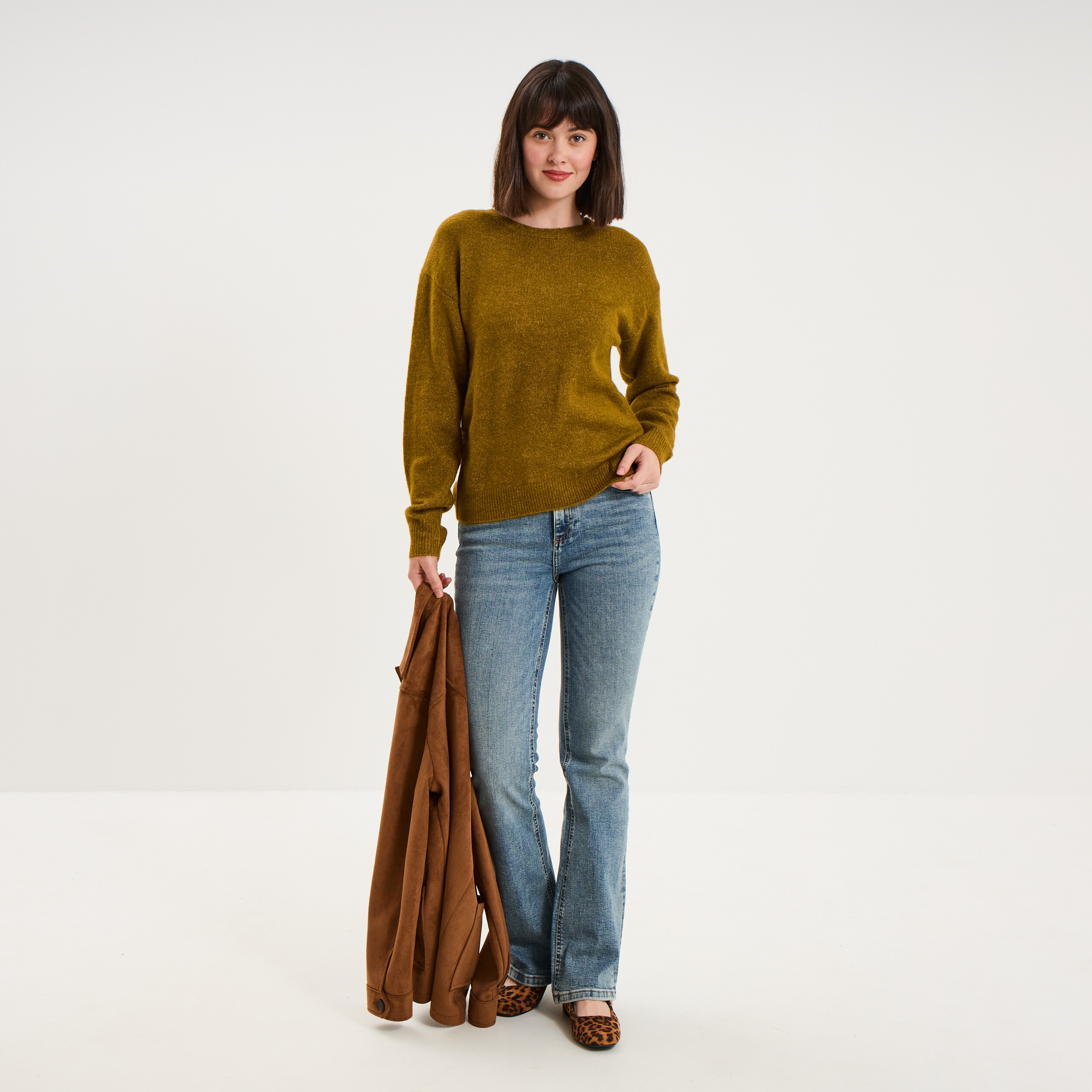 Pull col rond manches longues vert olive femme
