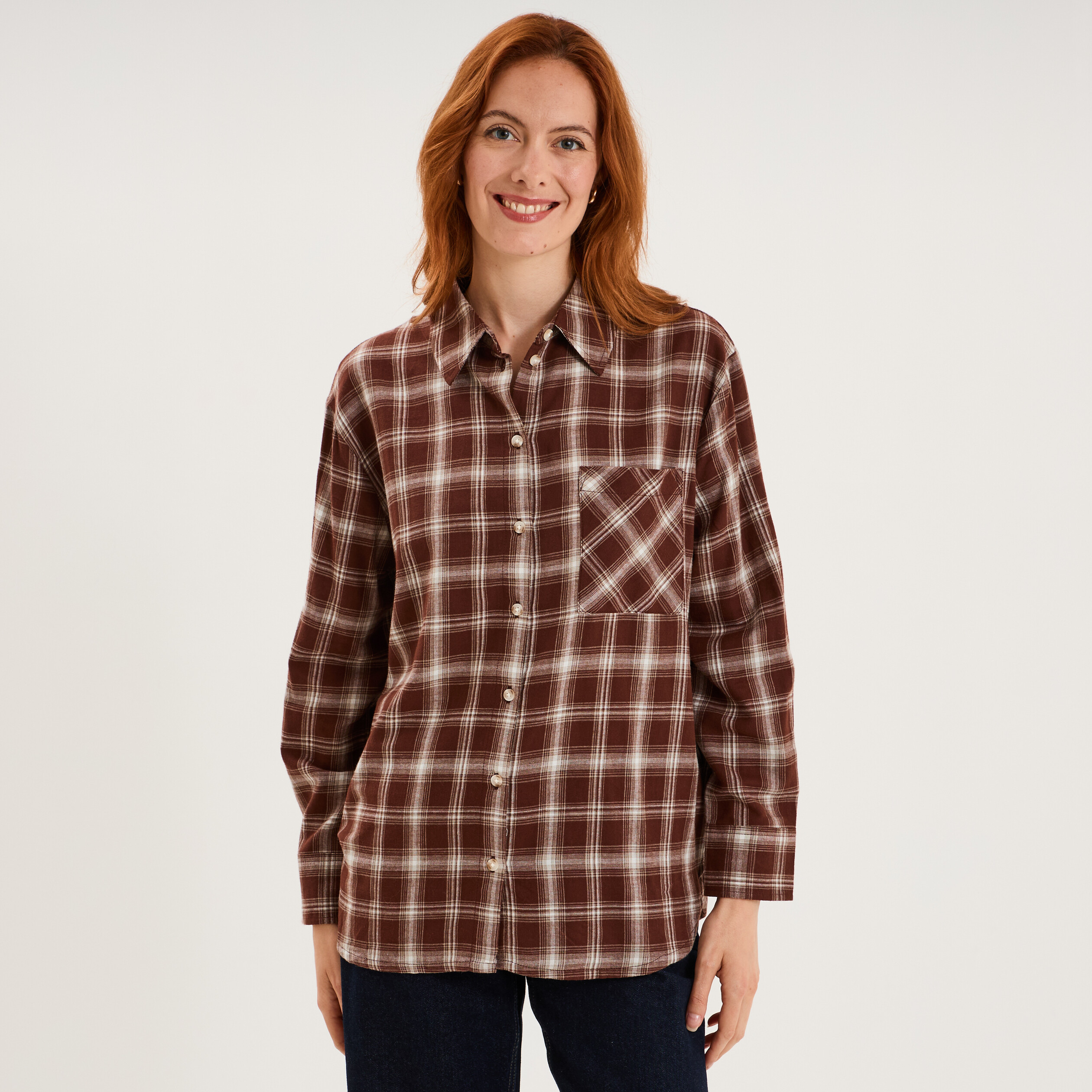 Chemise manches longues coton marron femme