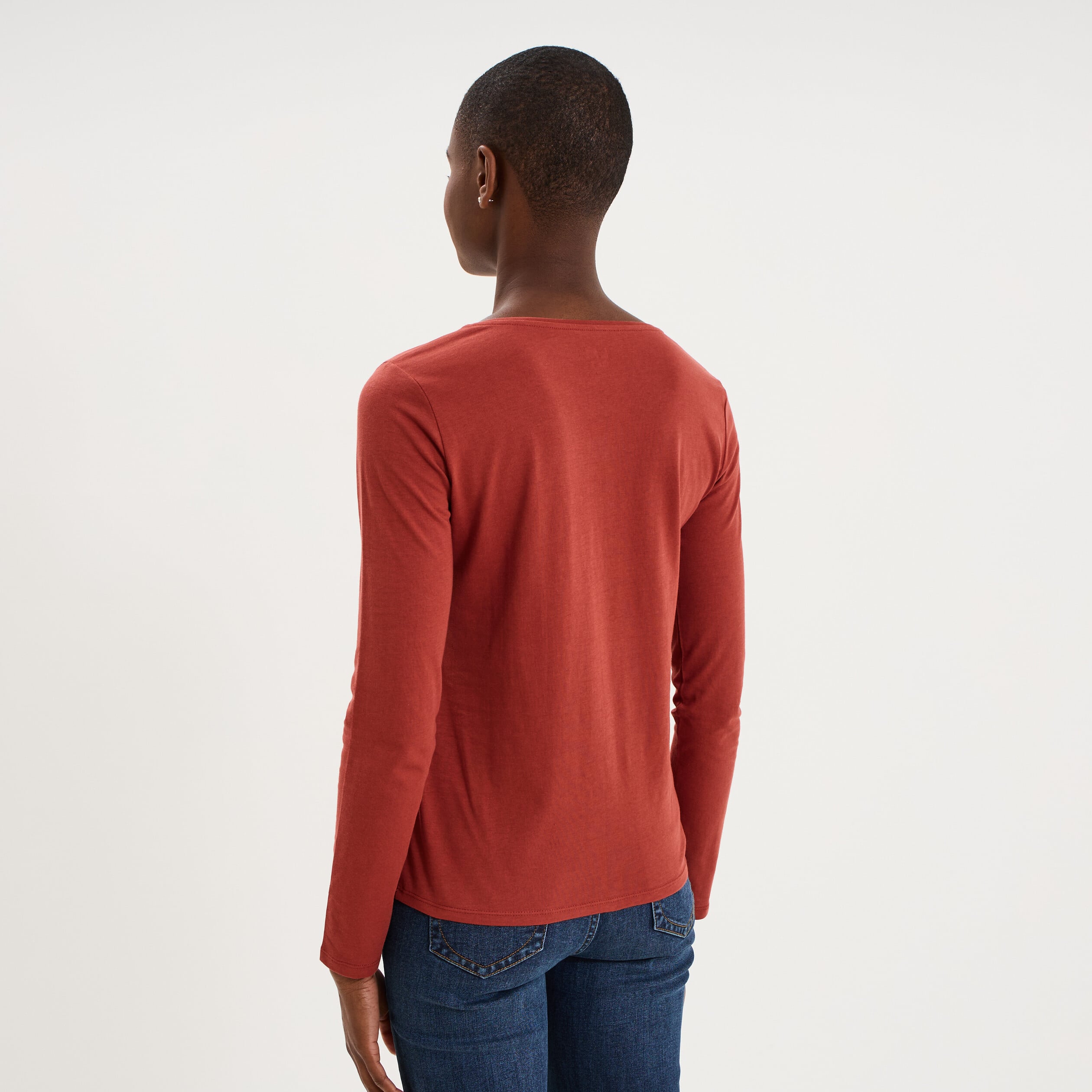 T-shirt coton col rond manches longues rouge fonc&eacute; femme