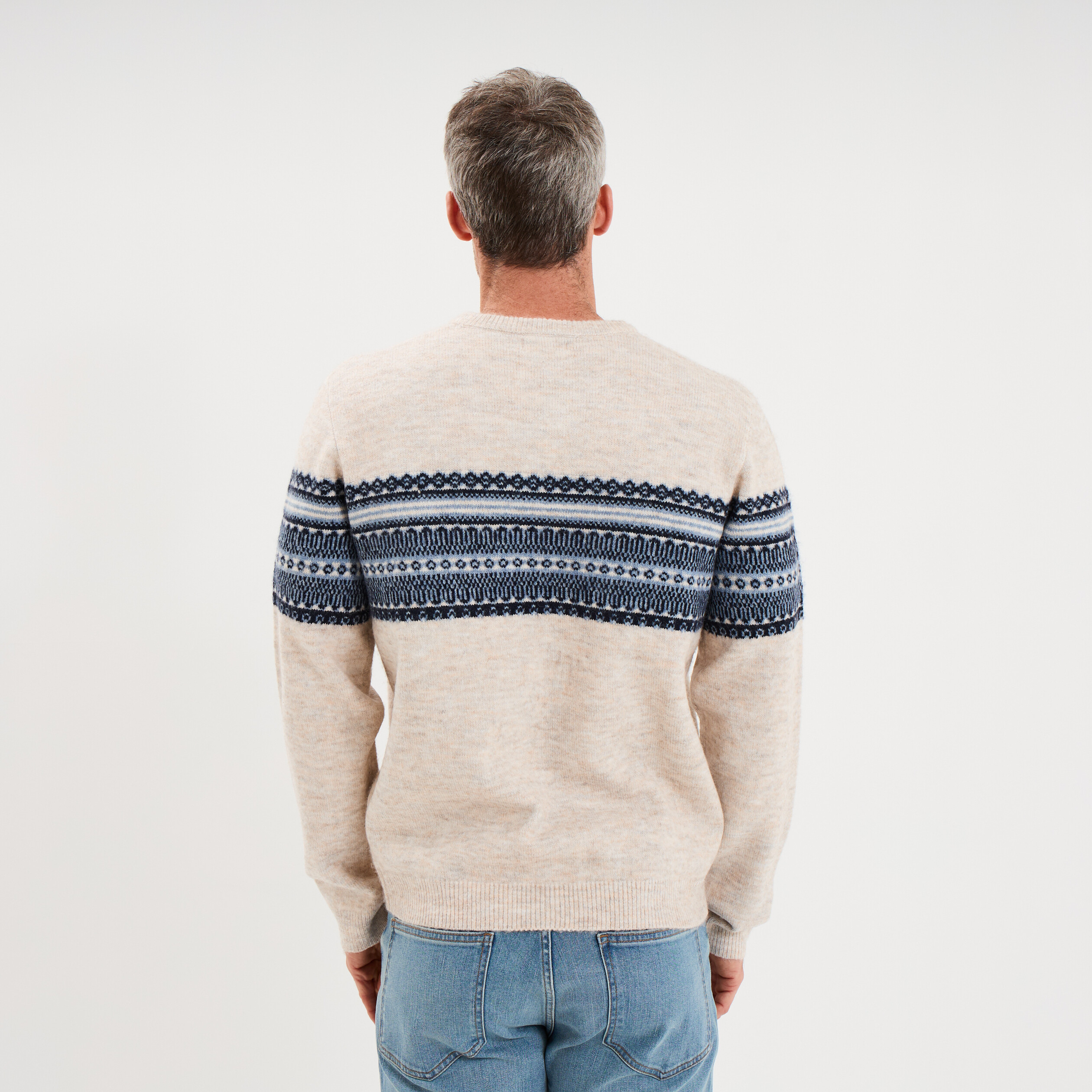 Pull jacquard col rond manches longues beige homme