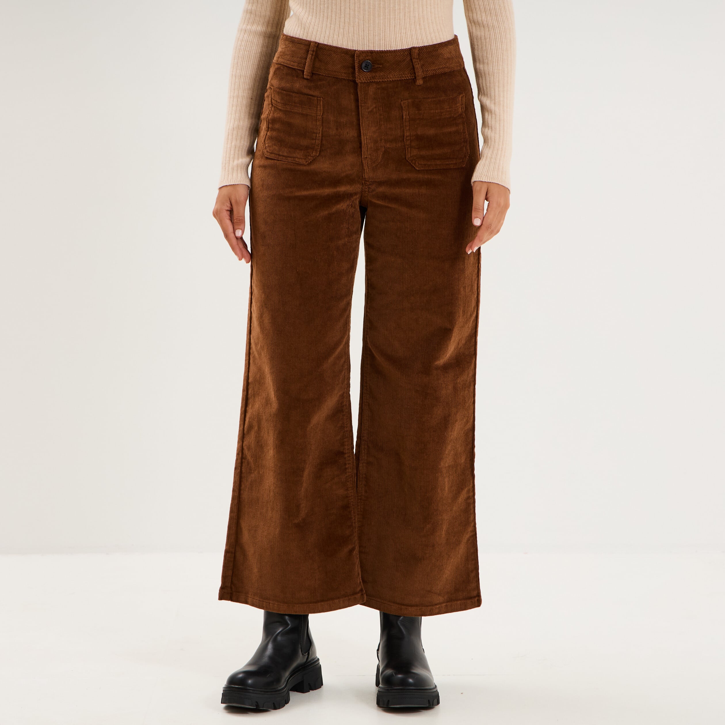 Pantalon effet velours flare 7/8&egrave;me marron femme