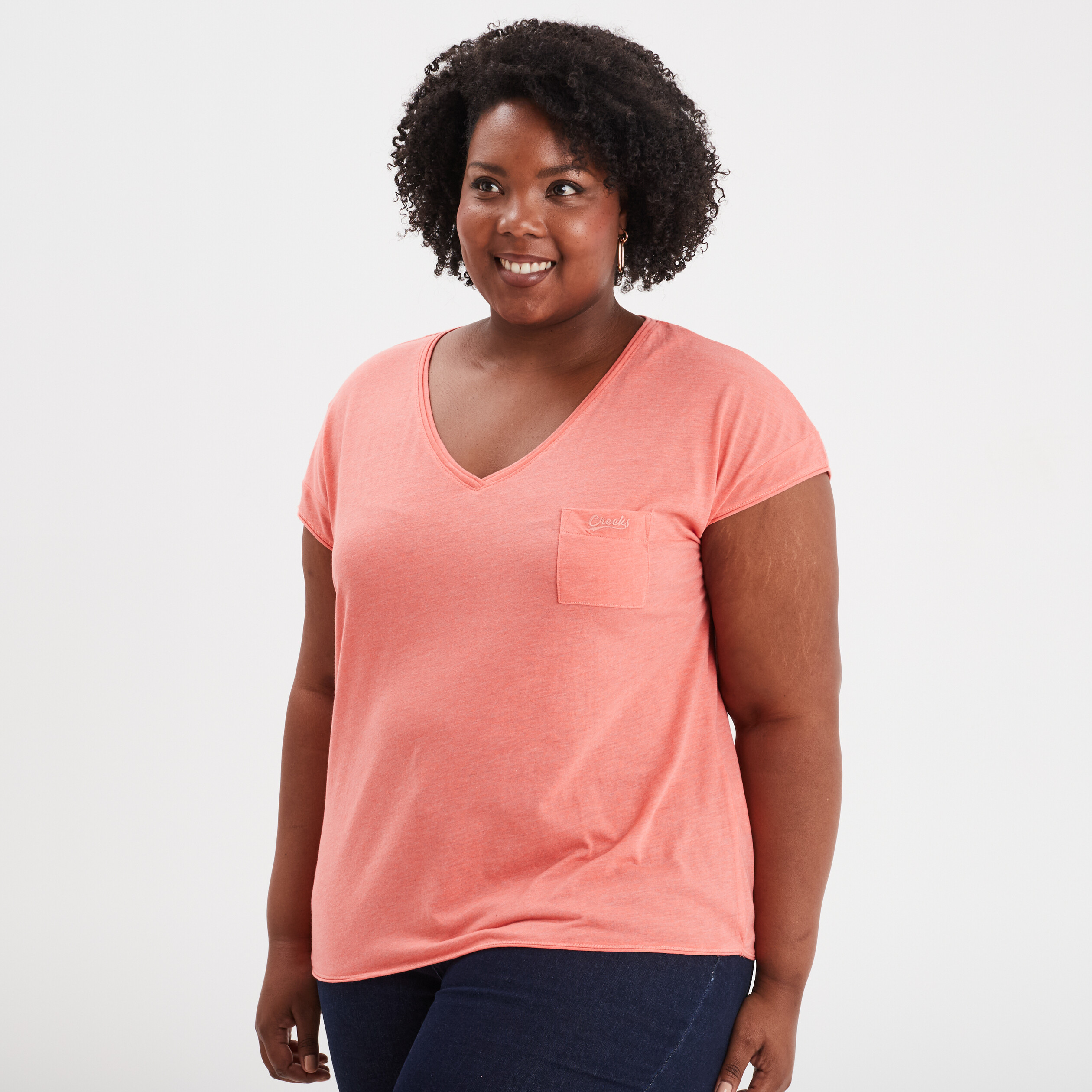t shirt effet chine col en v avec poche rose femmegt T-shirt effet chiné col en V avec poche rose femme grande taille