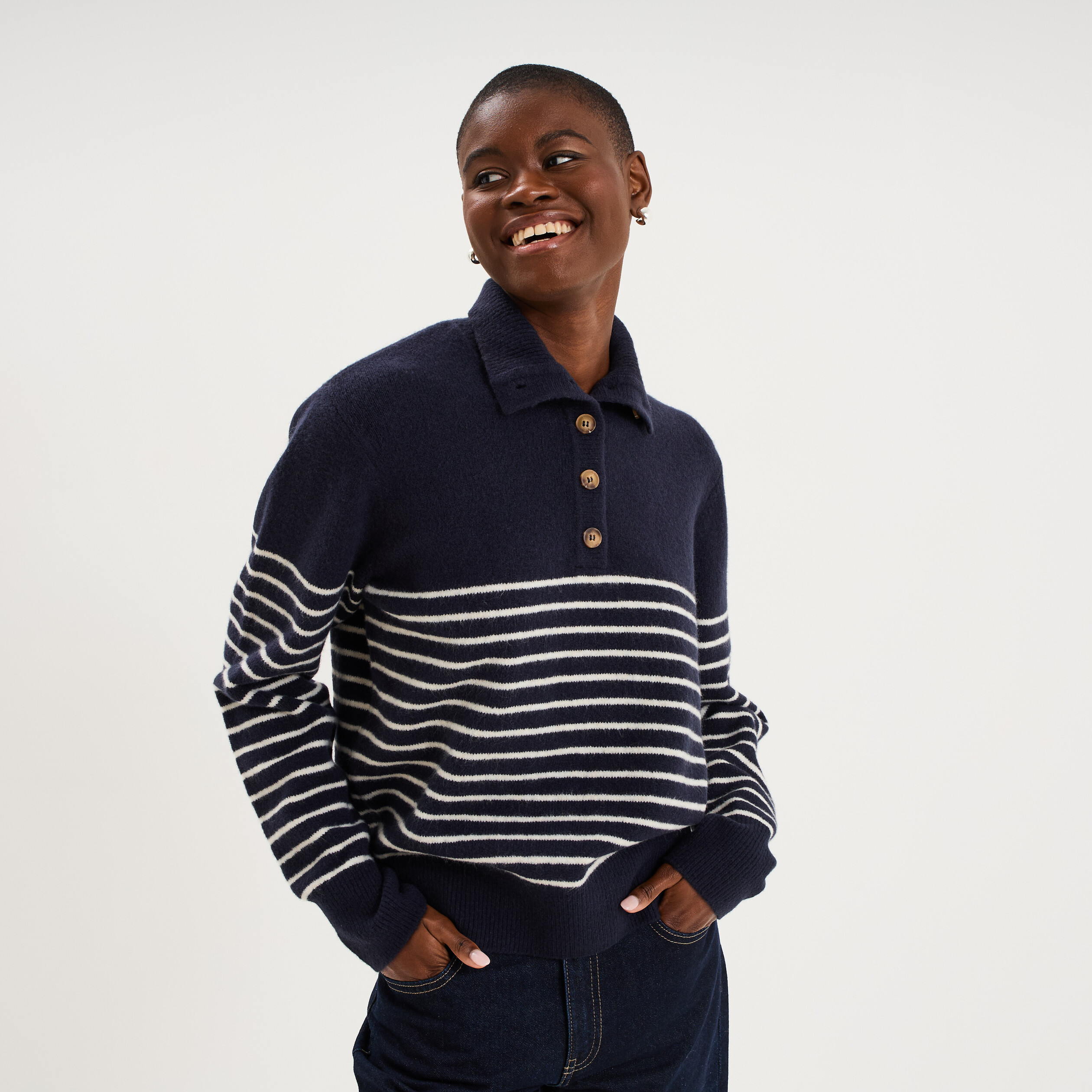 Pull col camionneur manches longues bleu marine femme
