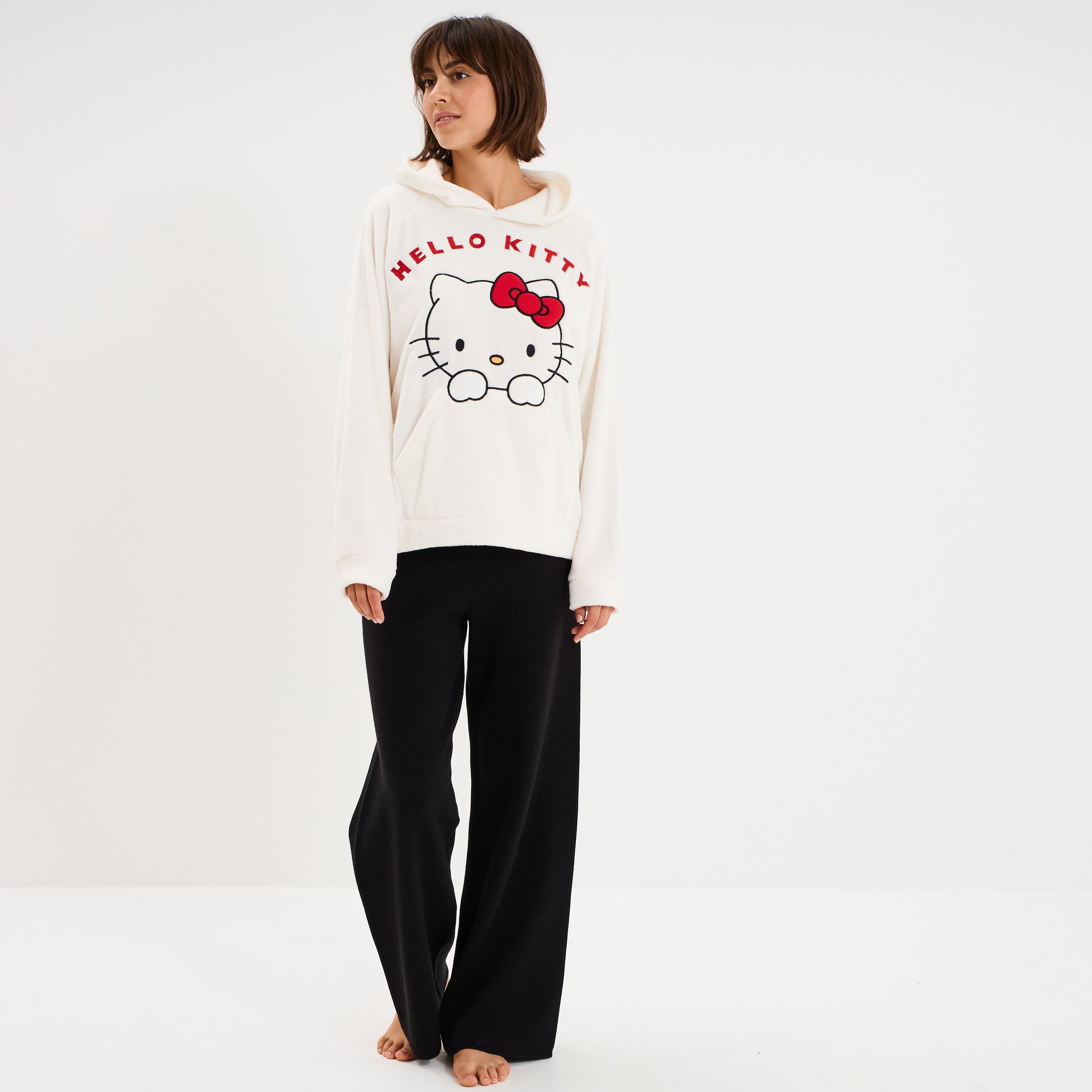 Sweat effet velours 1 poche Hello Kitty blanc femme