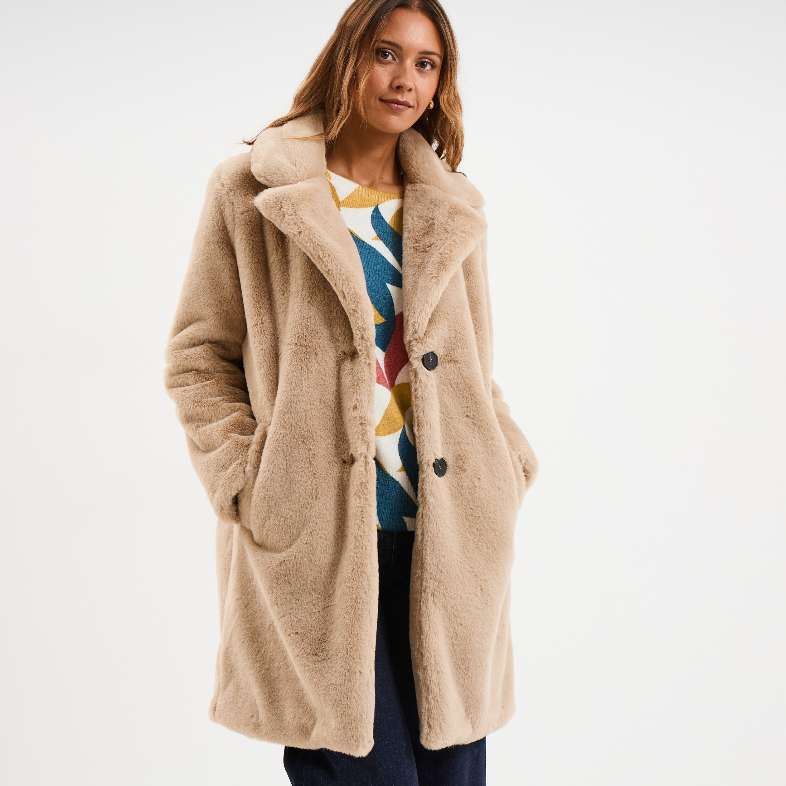Manteau long fausse fourrure beige femme