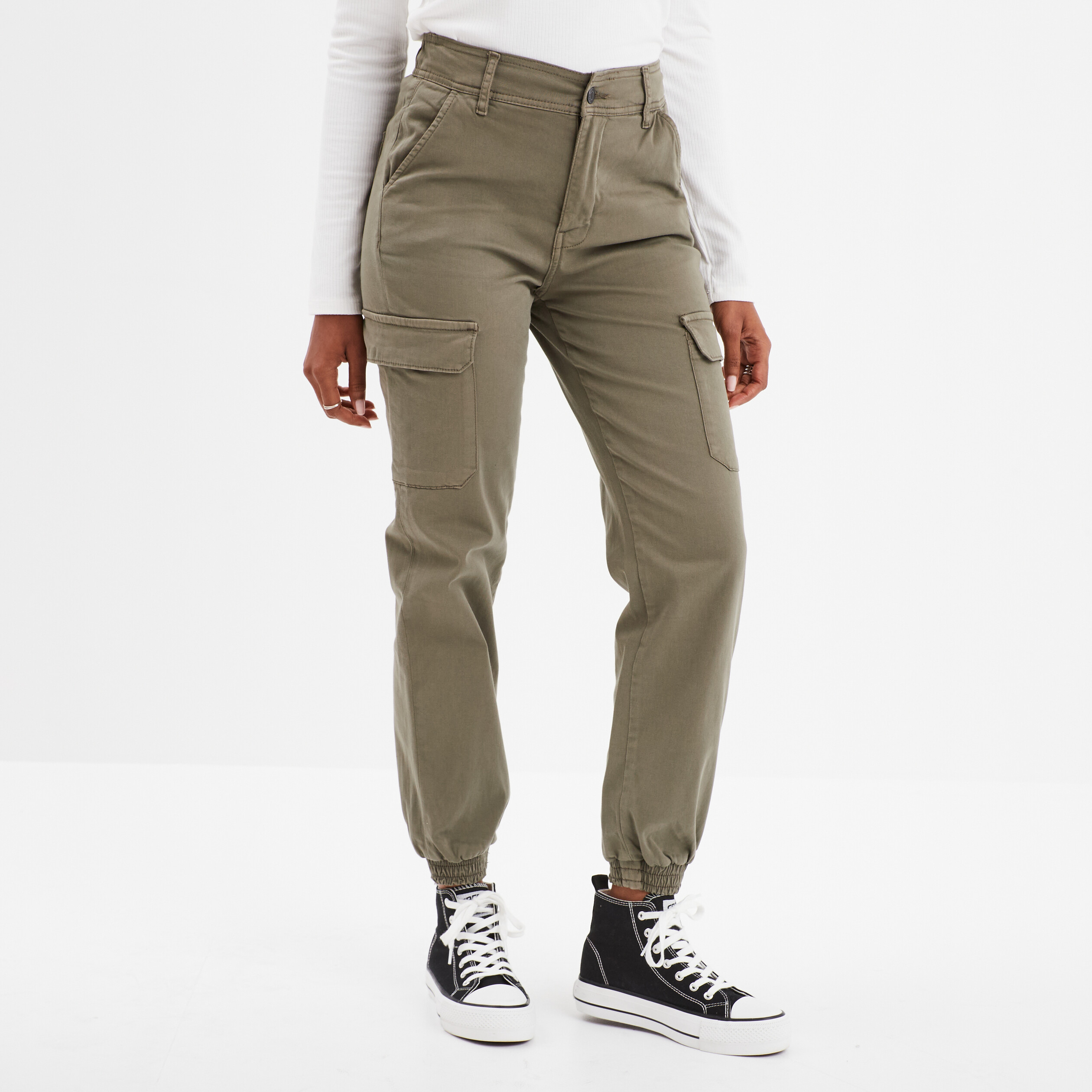 Pantalon cargo taille haute vert kaki femme