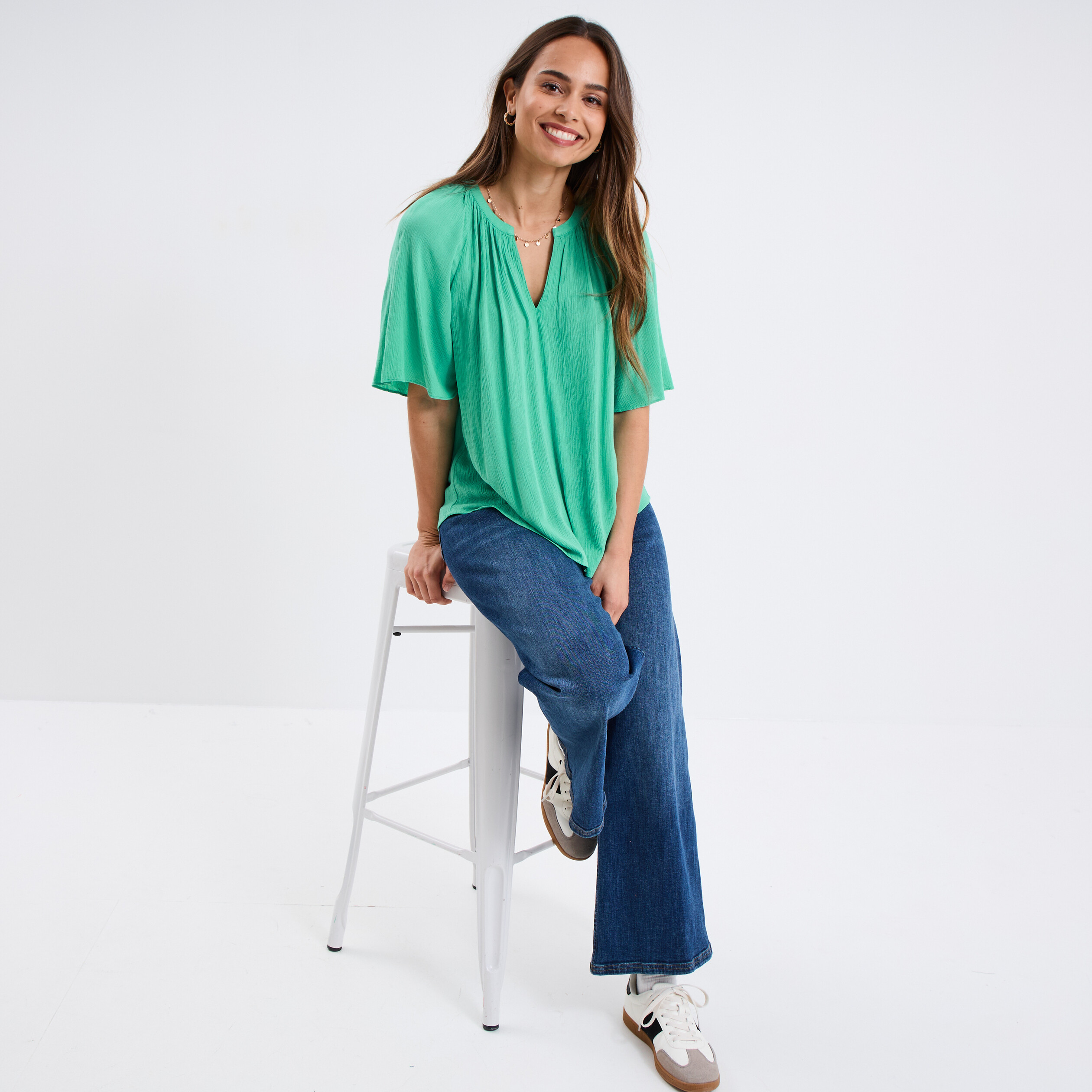 blouse manches papillons col tunisien vert menthe femme Blouse manches papillons col tunisien vert menthe femme