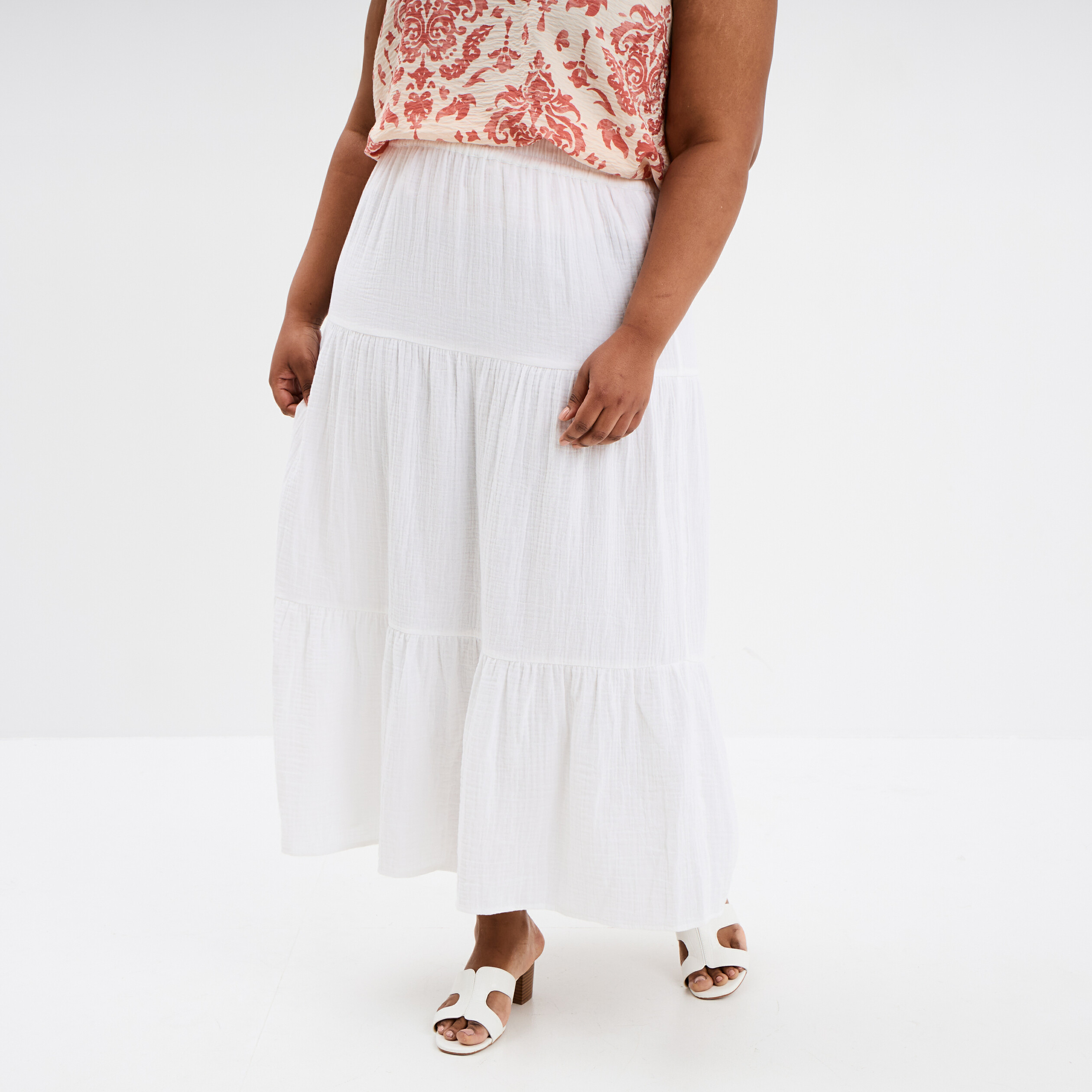 jupe longue evasee gaze de coton blanc femmegt Jupe longue évasée gaze de coton blanc femme grande taille