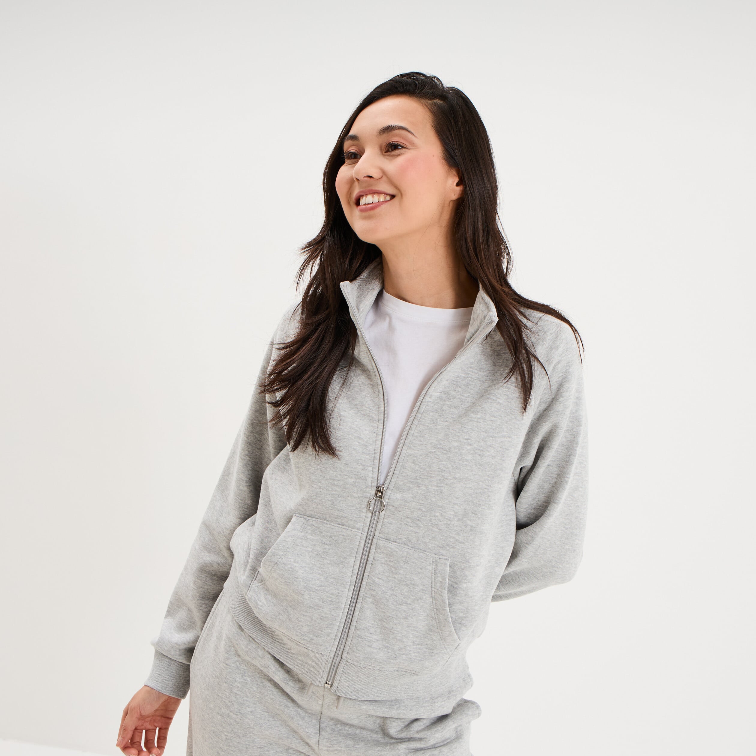 Sweat zipp&eacute; molleton col montant gris clair femme
