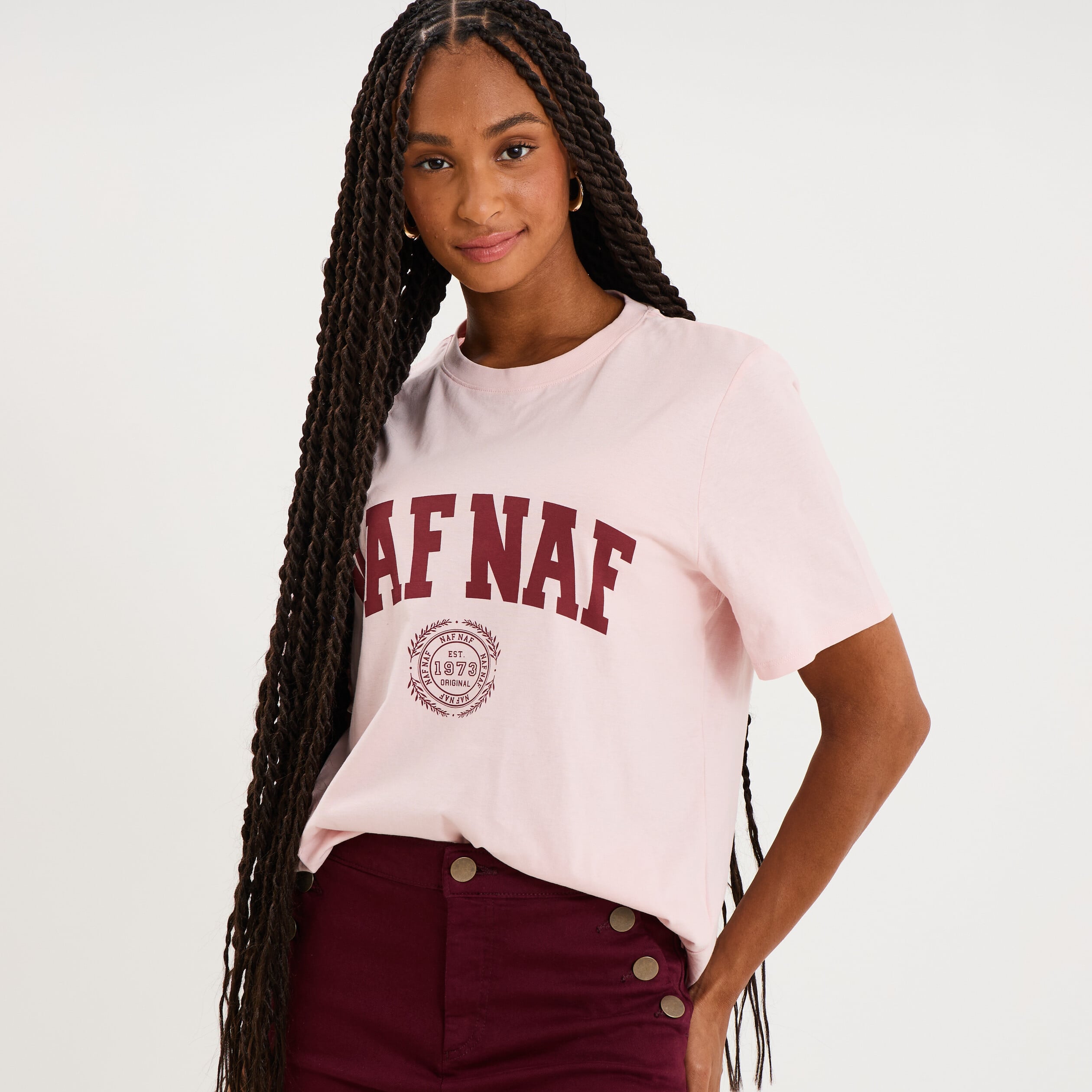 T-shirt col rond manches courtes print rose pastel femme