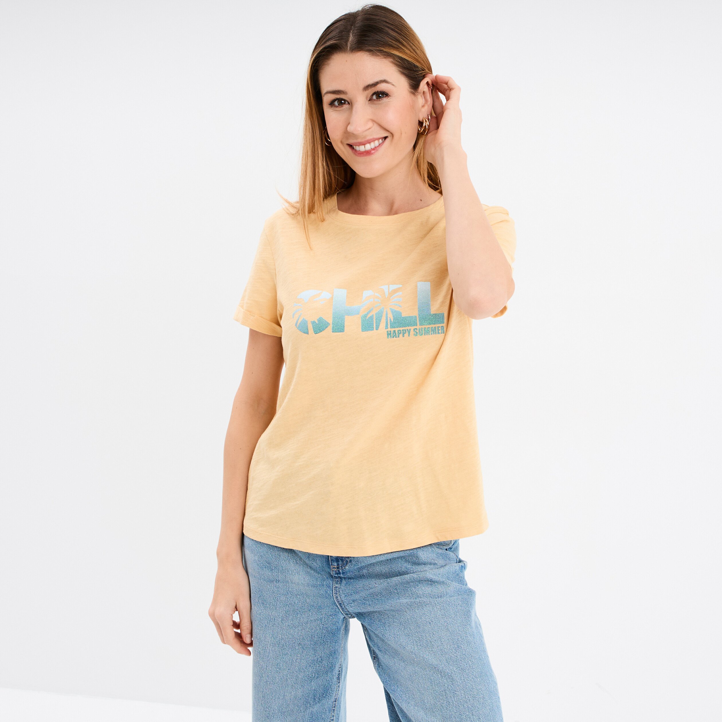 t shirt manches courtes coton jaune femme T-shirt manches courtes coton jaune femme