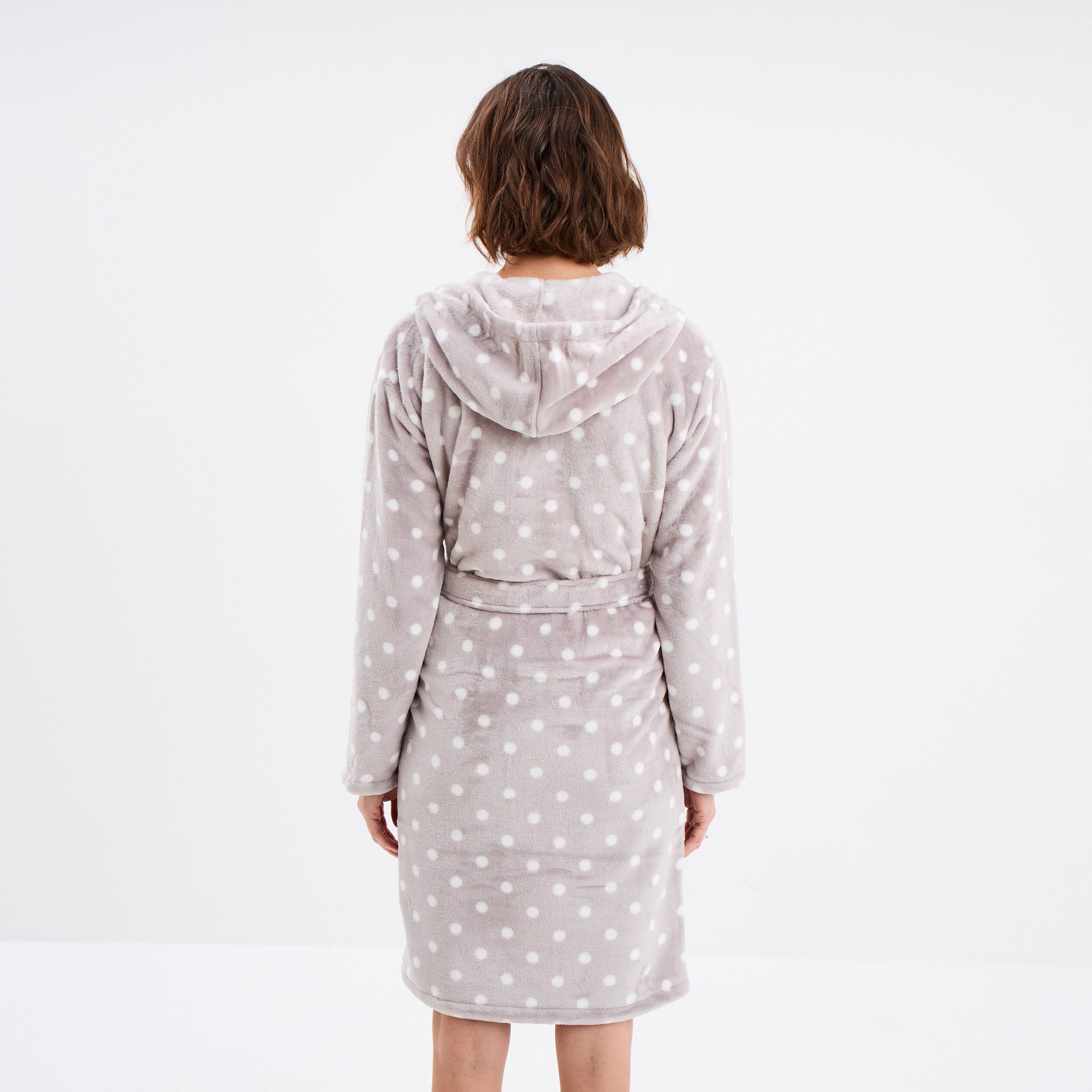 Peignoir long effet polaire à capuche gris femme