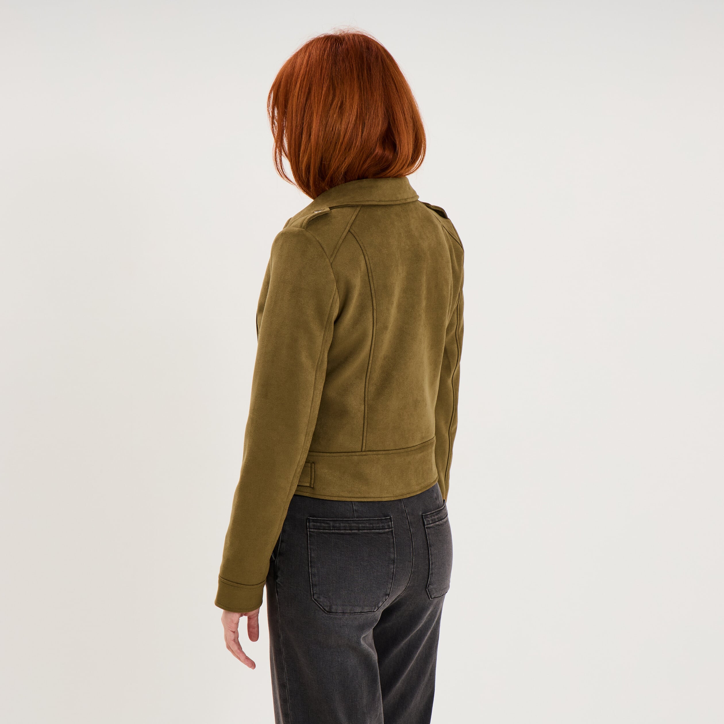 Veste biker en su&eacute;dine ajust&eacute;e vert kaki femme