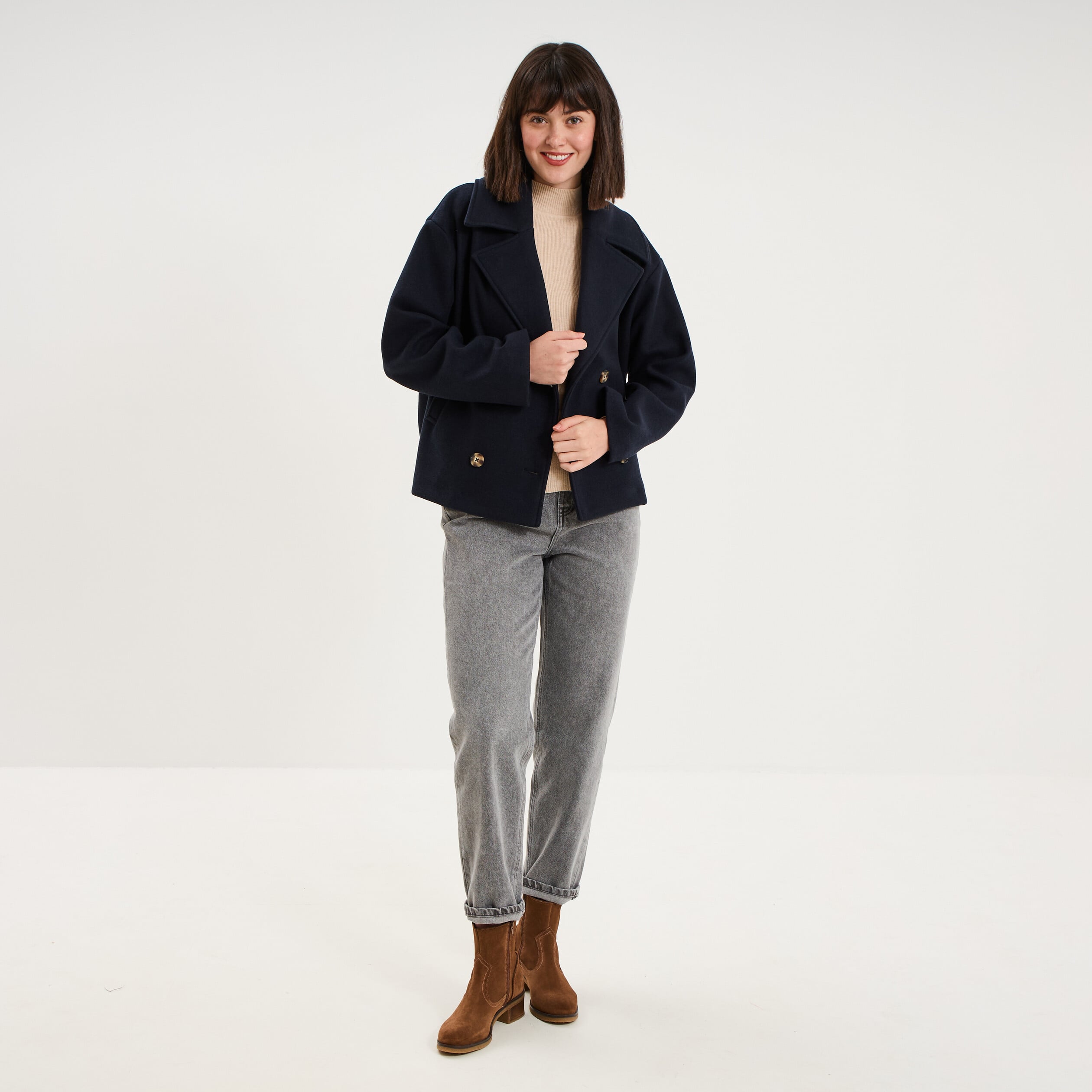 Manteau court double boutonnage bleu marine femme