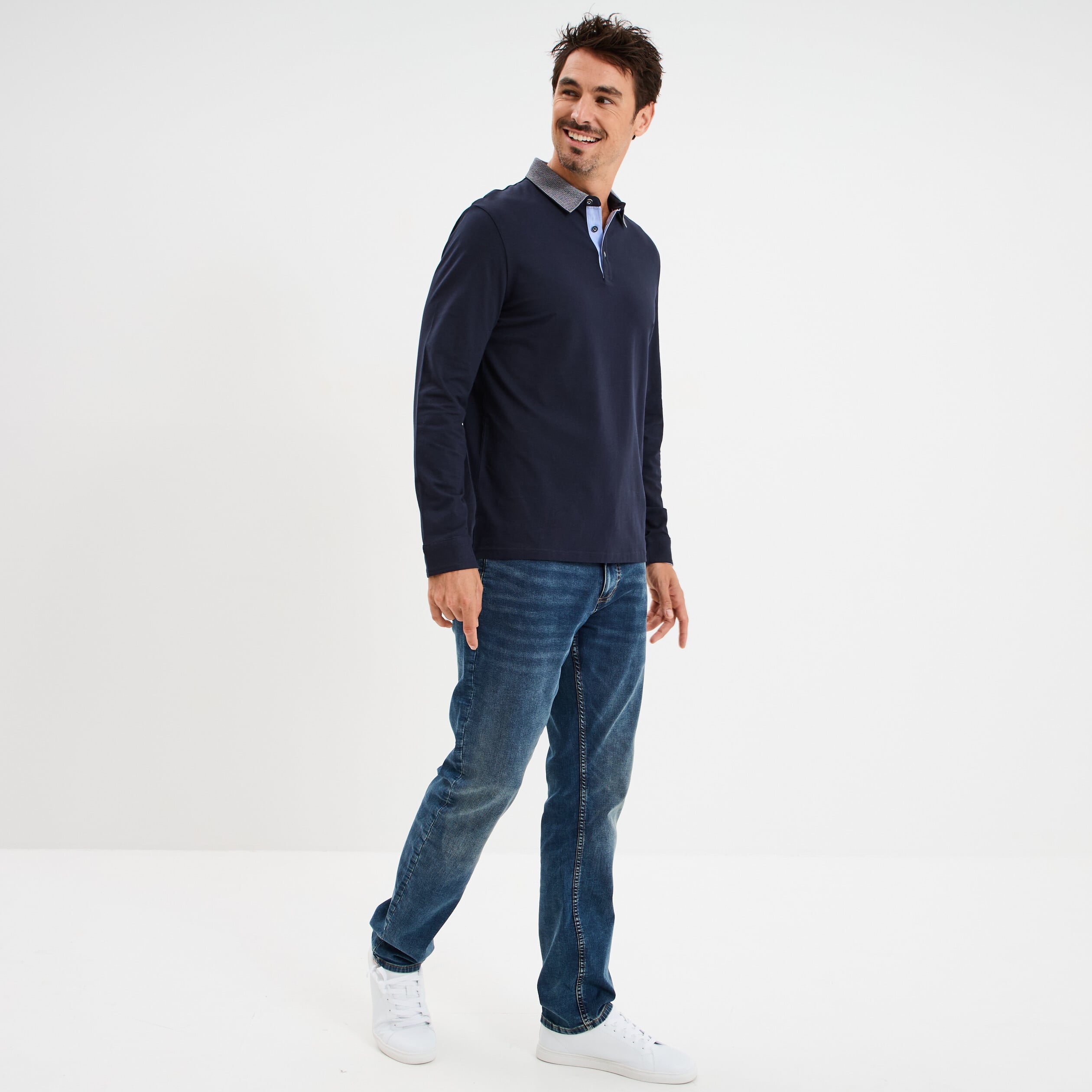Polo manches longues coton majoritaire bleu marine homme