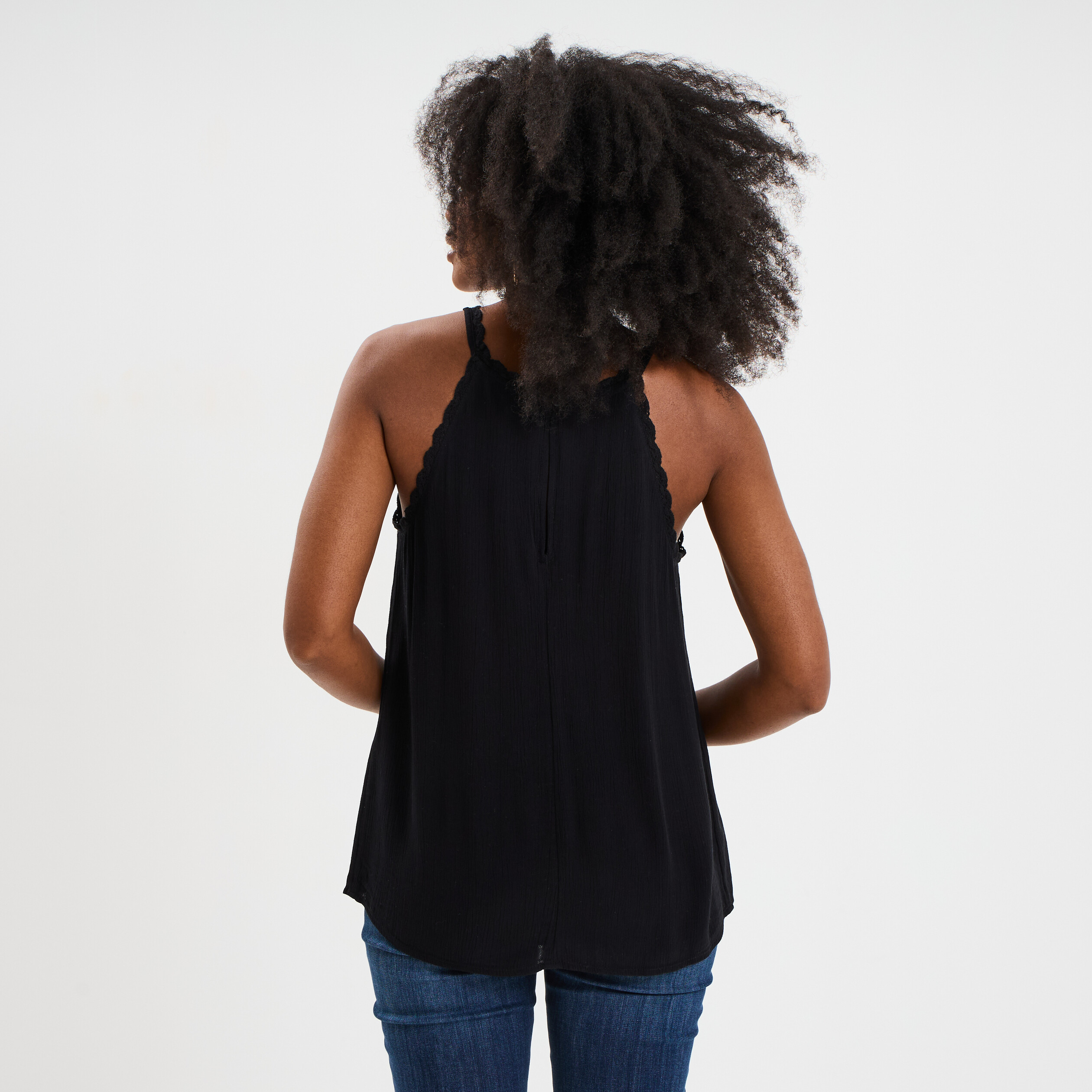 blouse col effet macrame noir femme Blouse col effet macramé noir femme