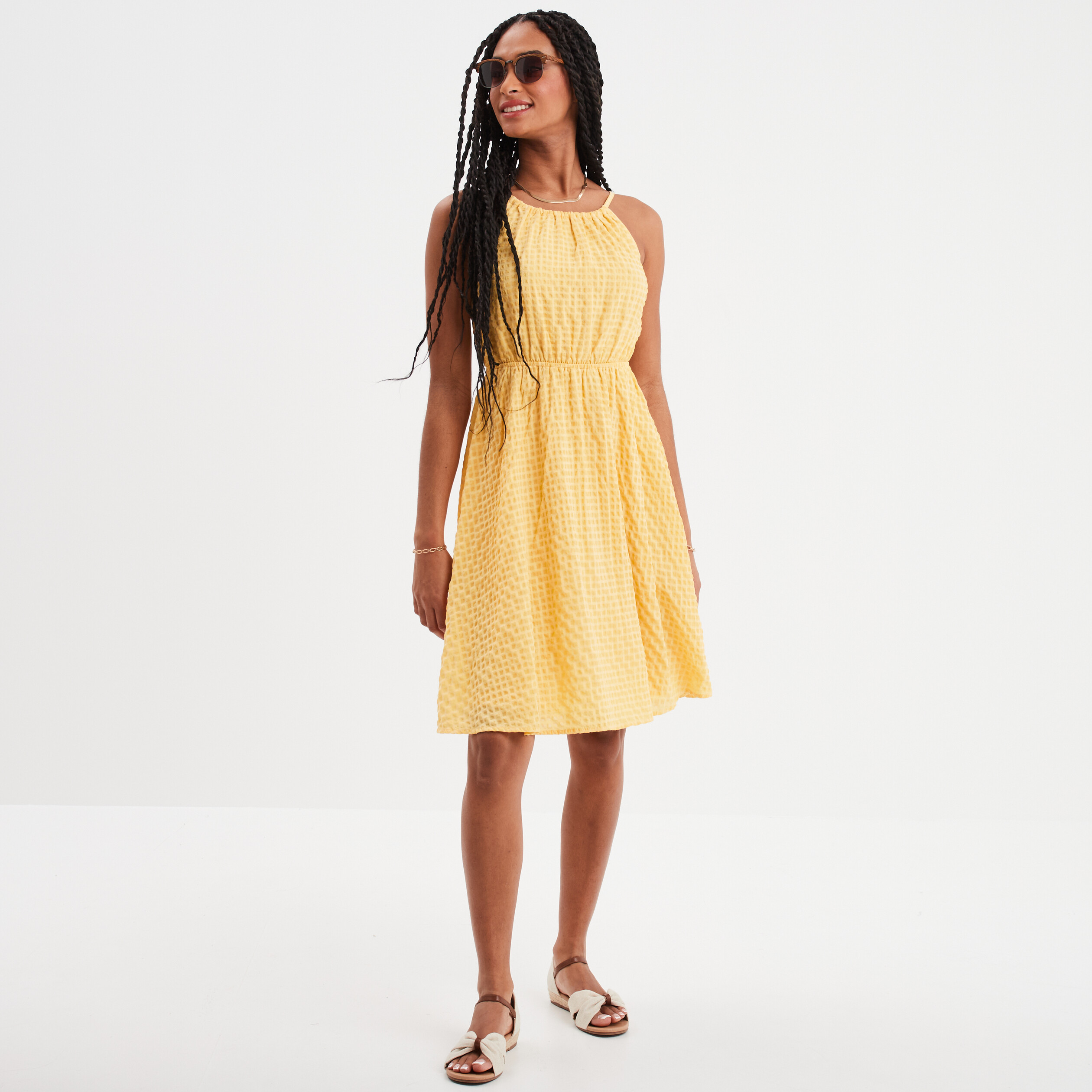Robe longueur genou &eacute;vas&eacute;e &agrave; bretelles jaune clair femme