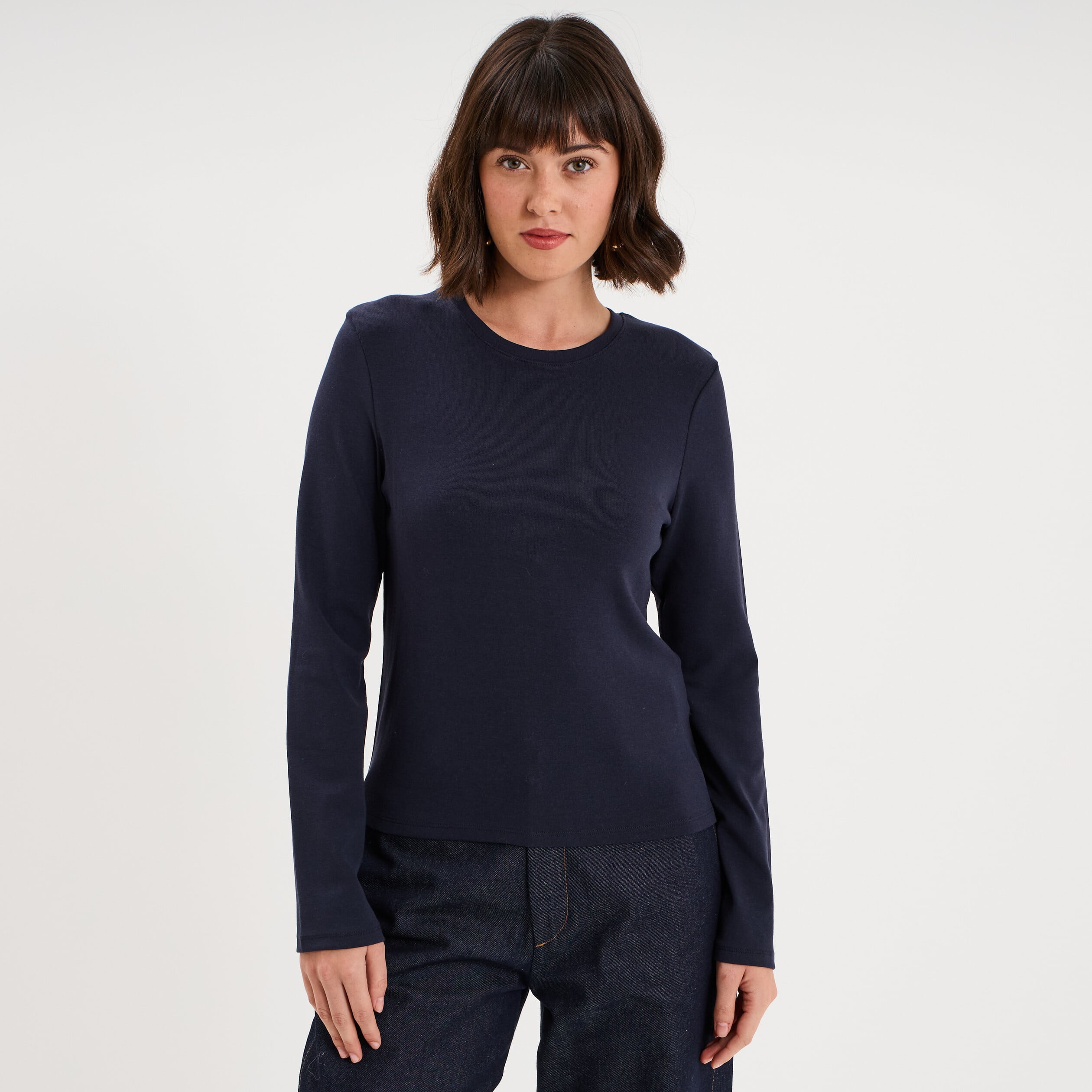 T-shirt manches longues col rond ajust&eacute; bleu fonc&eacute; femme