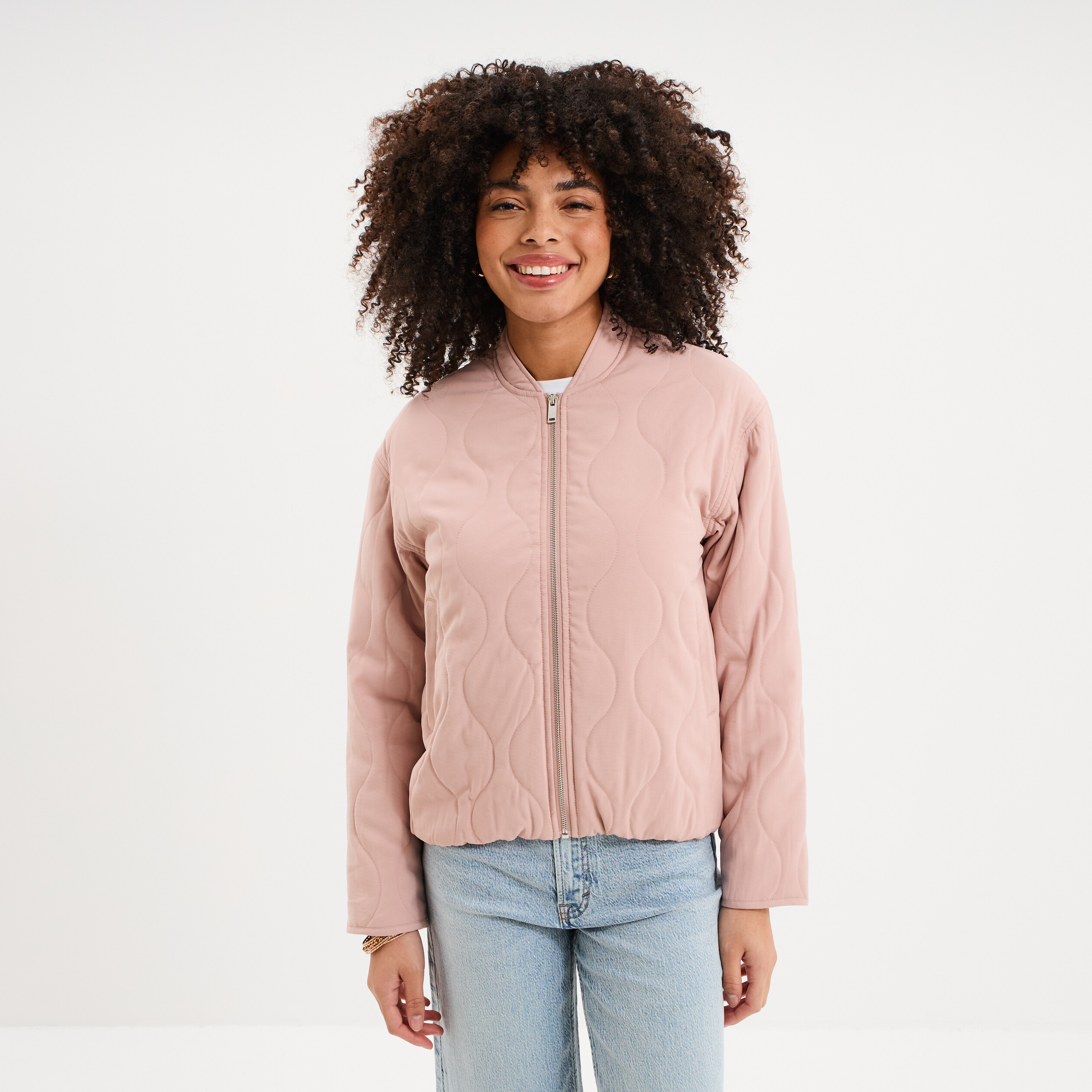 Blouson bomber matelass&eacute; rose poudr&eacute;e femme