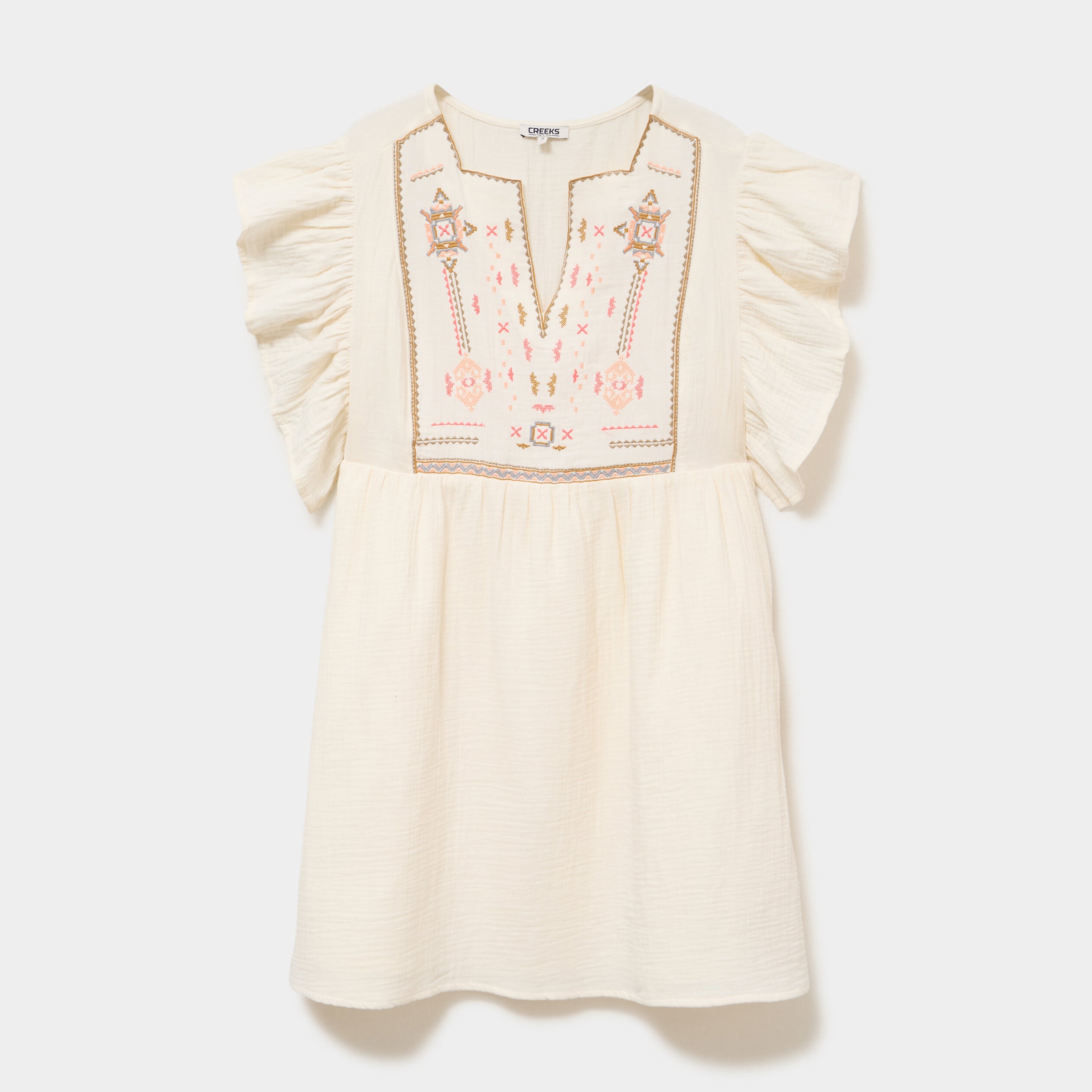 Robe brod&eacute;e manches volants coton creme femme