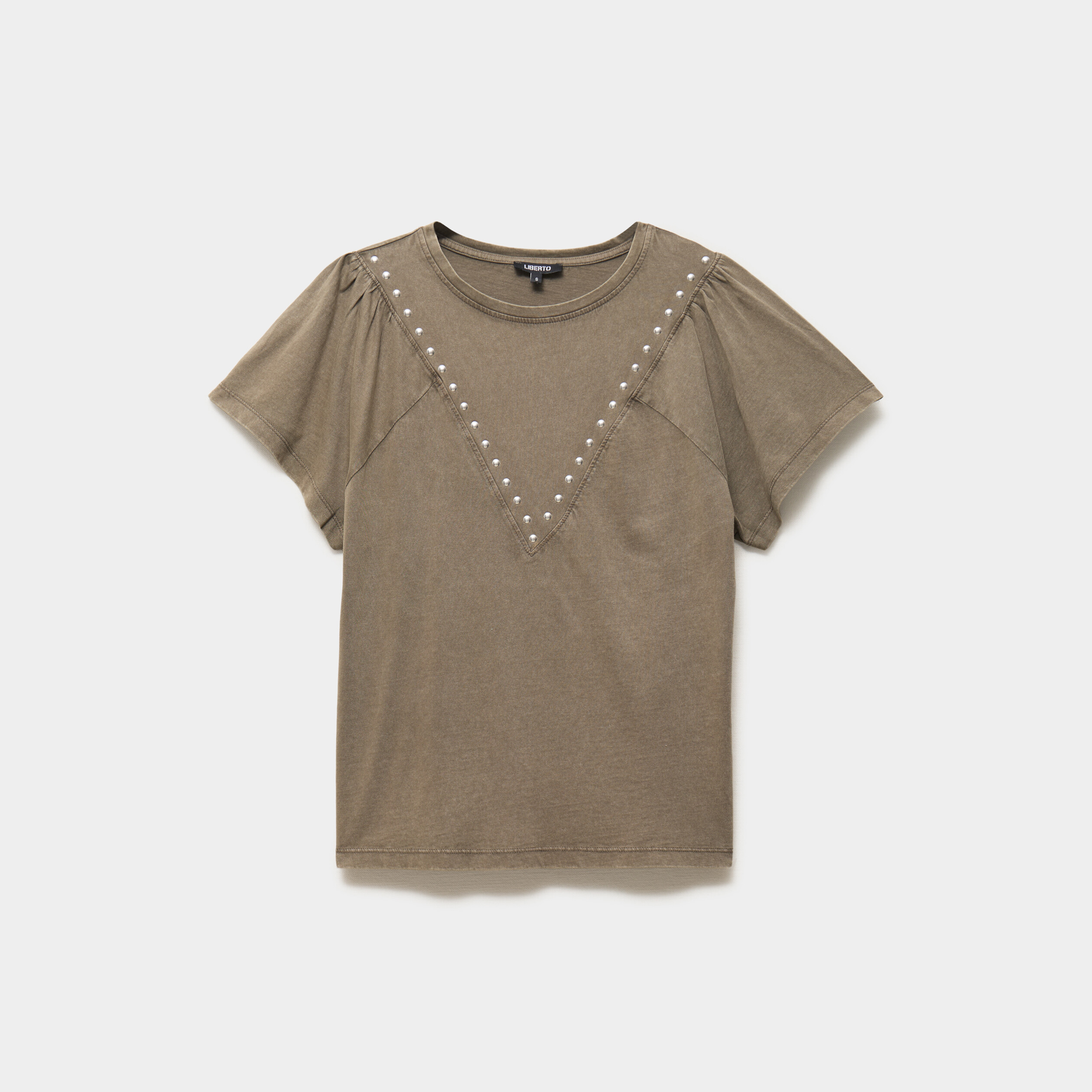 T-shirt d&eacute;tails clous coton taupe femme
